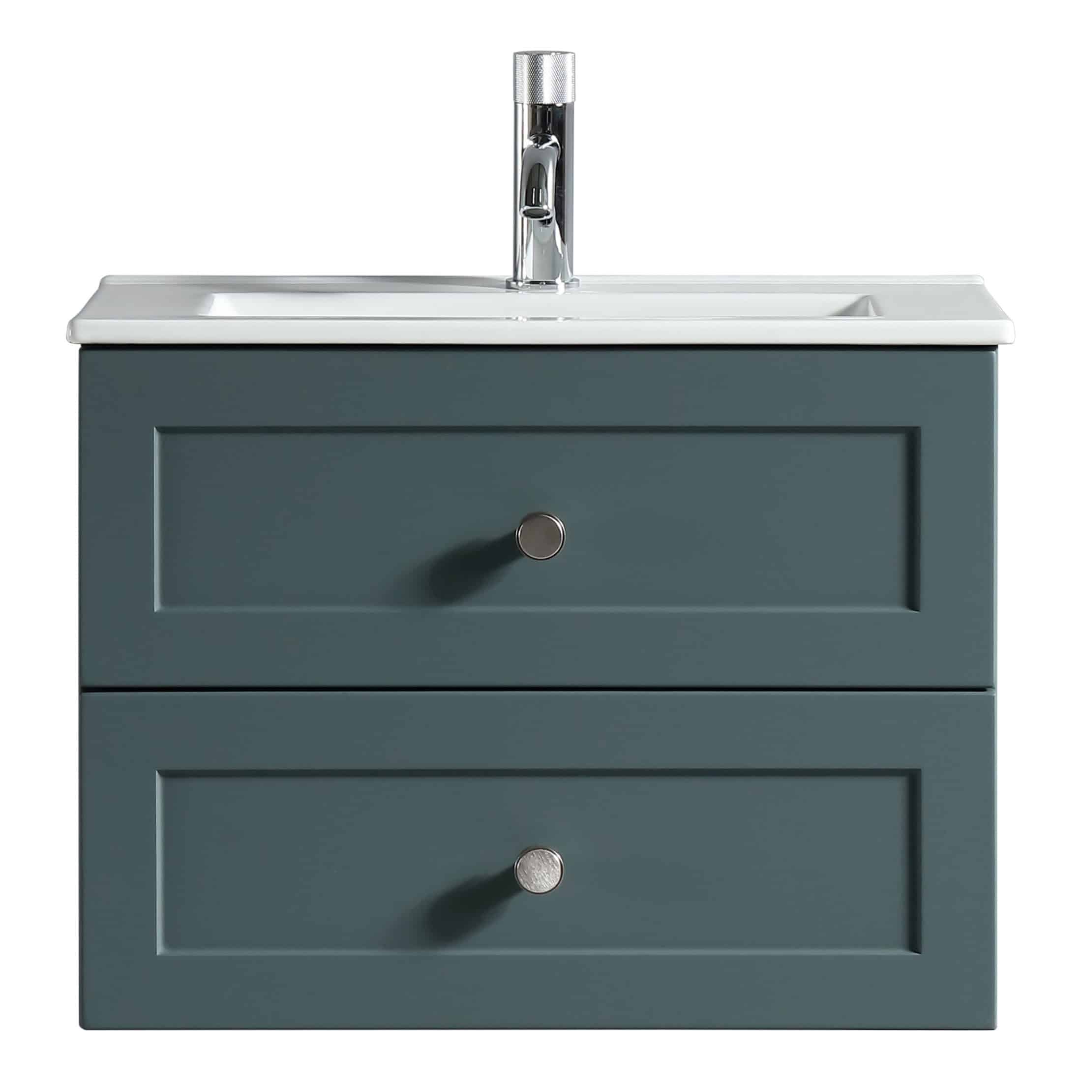 Elegant bathroom vanity unit with integrated sink and chrome tap, featuring a stylish blue-grey finish for a modern bathroom look. Perfect for contemporary bathroom designs.