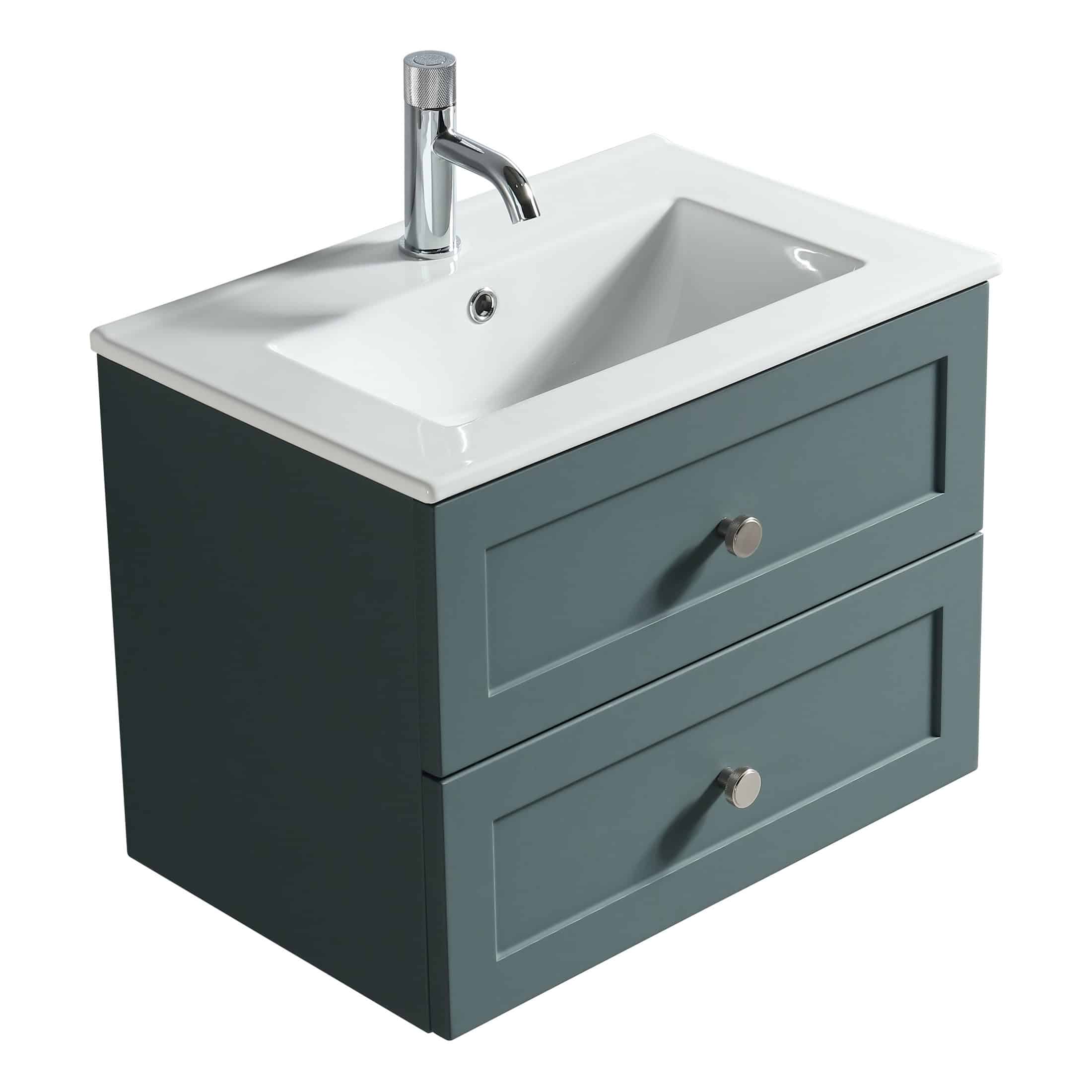 Sleek grey bathroom vanity with a white ceramic sink and chrome tap, featuring two drawers for storage for modern bathroom decor.
