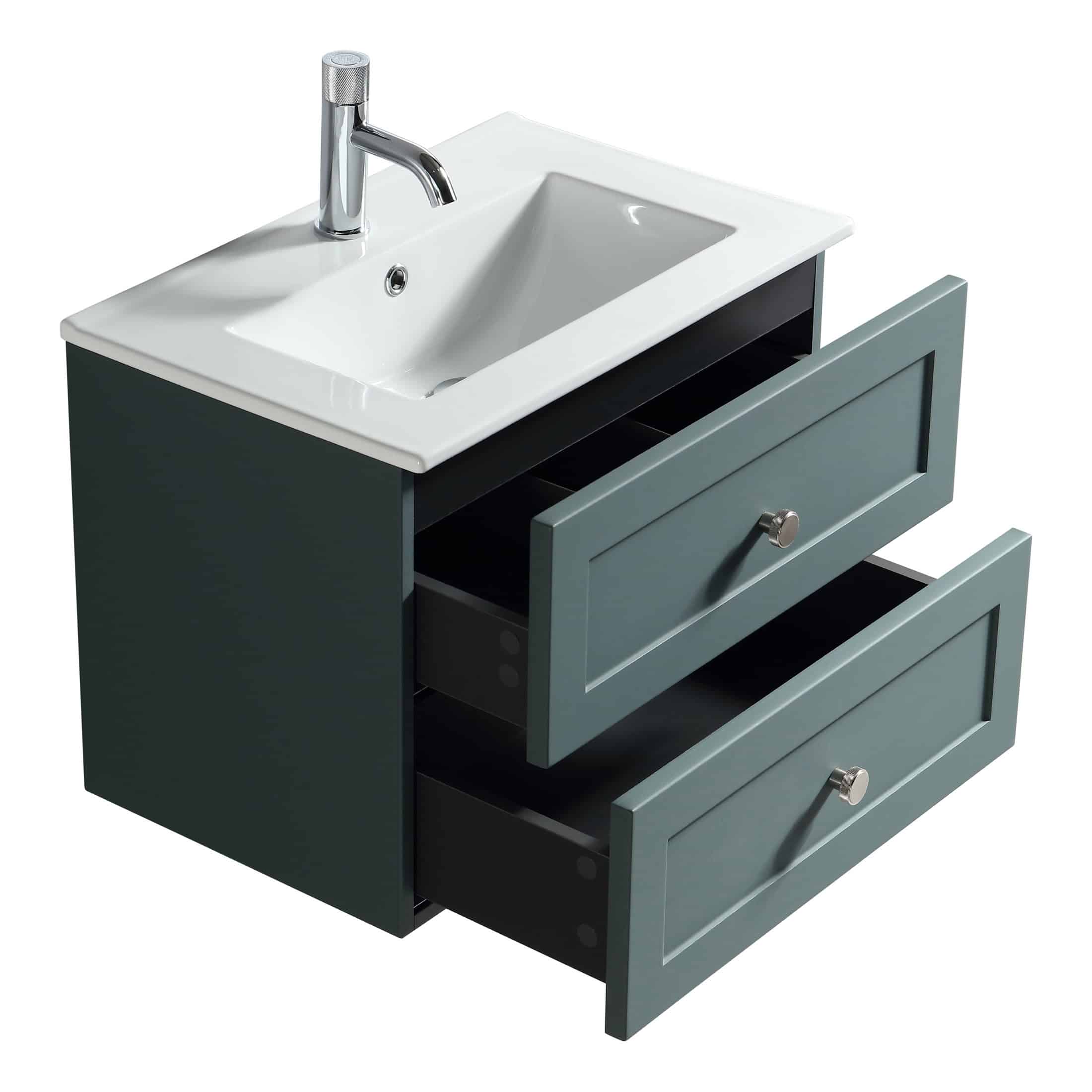 Bathroom vanity unit with integrated sink and drawers, ideal for modern bathroom storage solutions, featuring sleek design and durable finish.