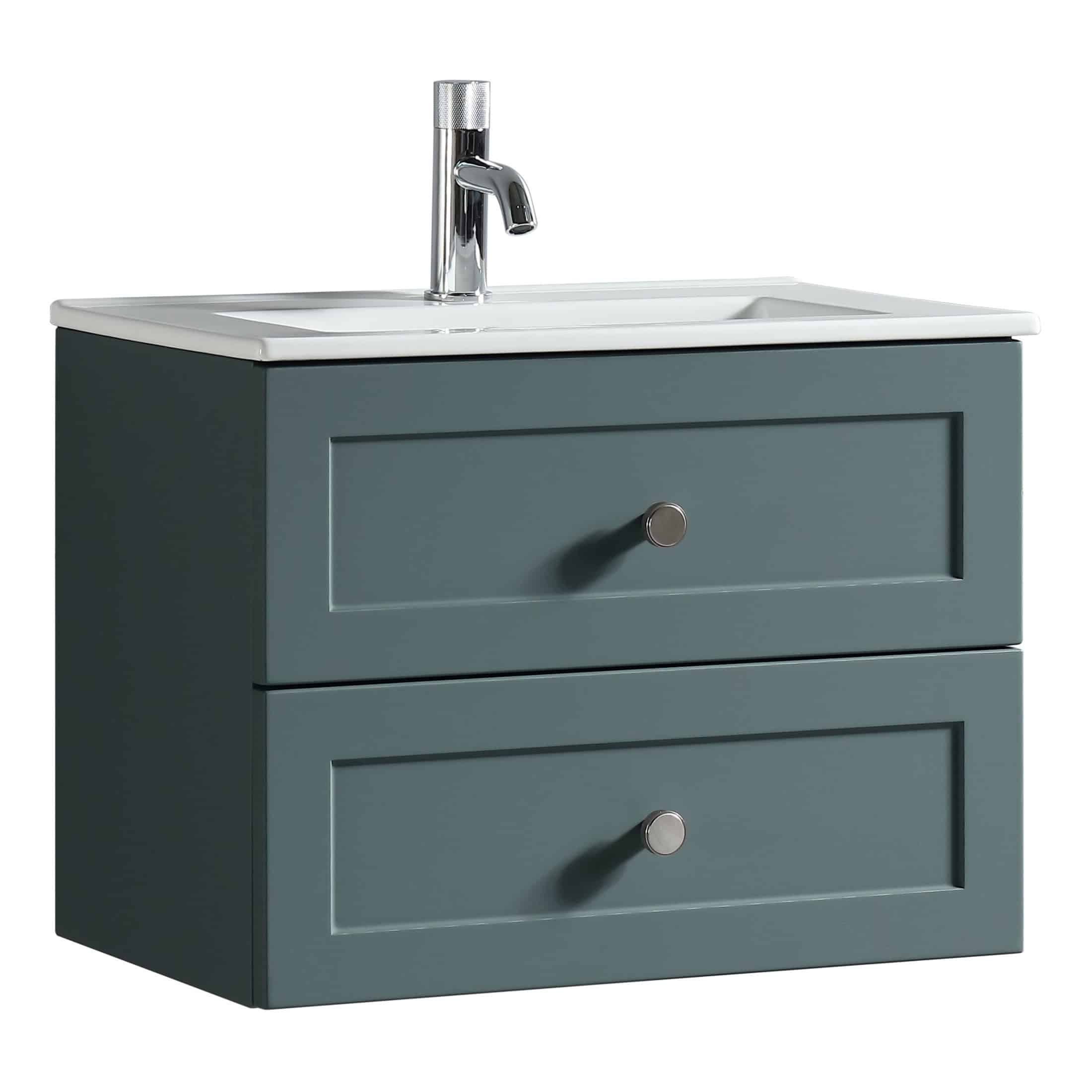 Bright blue bathroom vanity with two drawers, modern silver handles, and a sleek white countertop with a built-in sink. Features a contemporary chrome faucet, perfect for stylish bathroom upgrades.