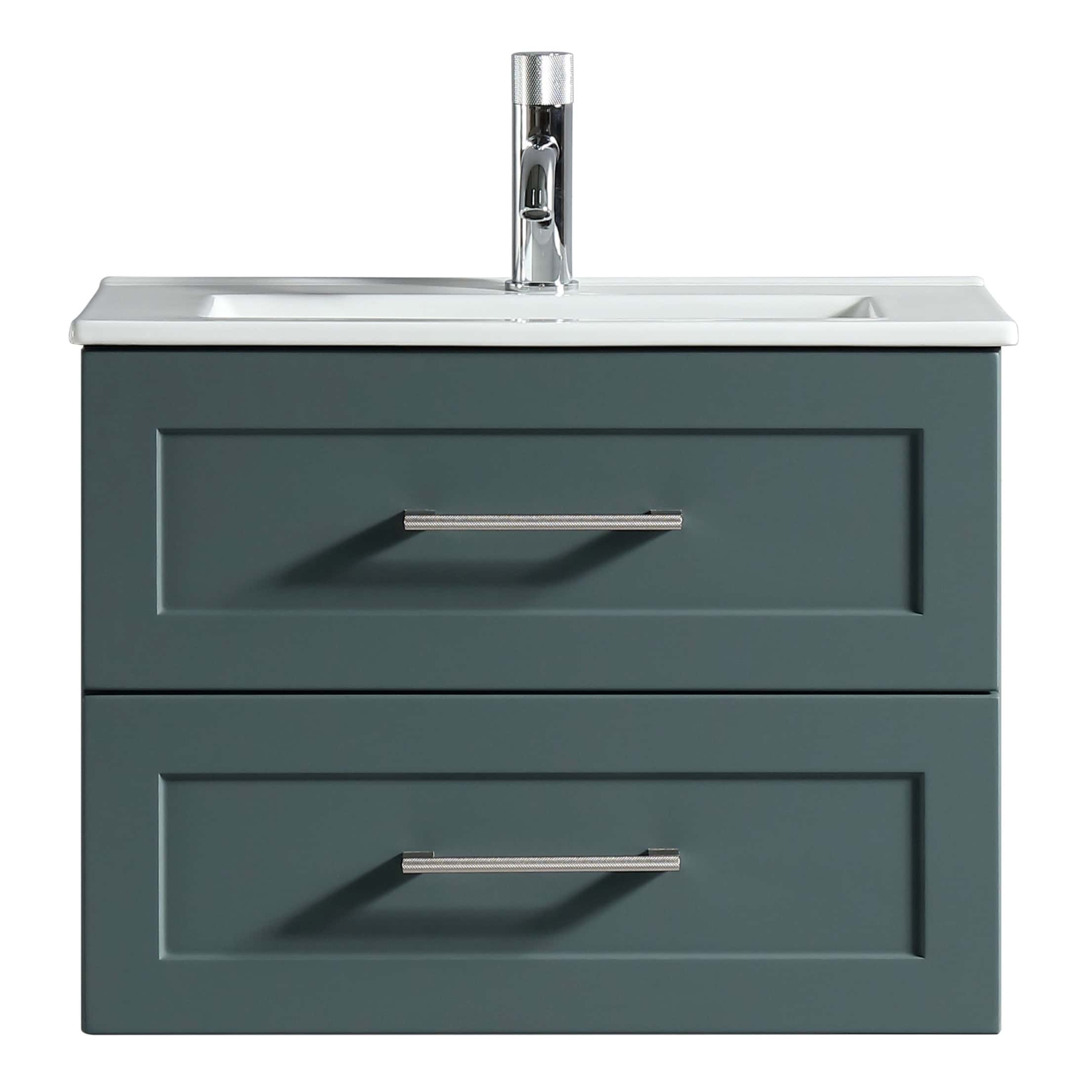 Contemporary bathroom vanity with a sleek grey finish, integrated ceramic sink, and chrome handles, ideal for modern bathrooms. Perfect for stylish and functional bathroom storage solutions.
