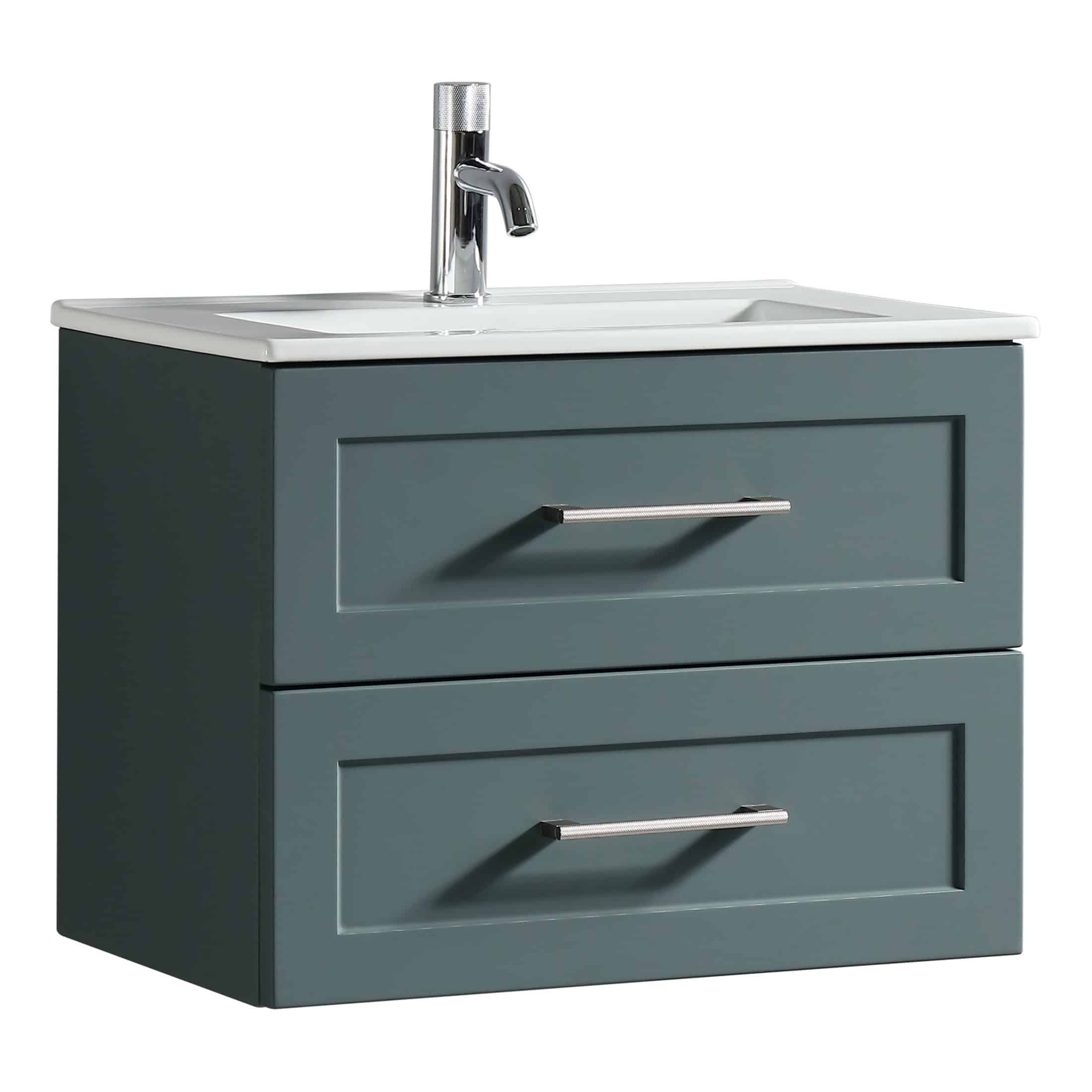 Modern grey bathroom vanity with integrated sink and chrome faucet, stylish storage drawers, ideal for contemporary bathrooms.