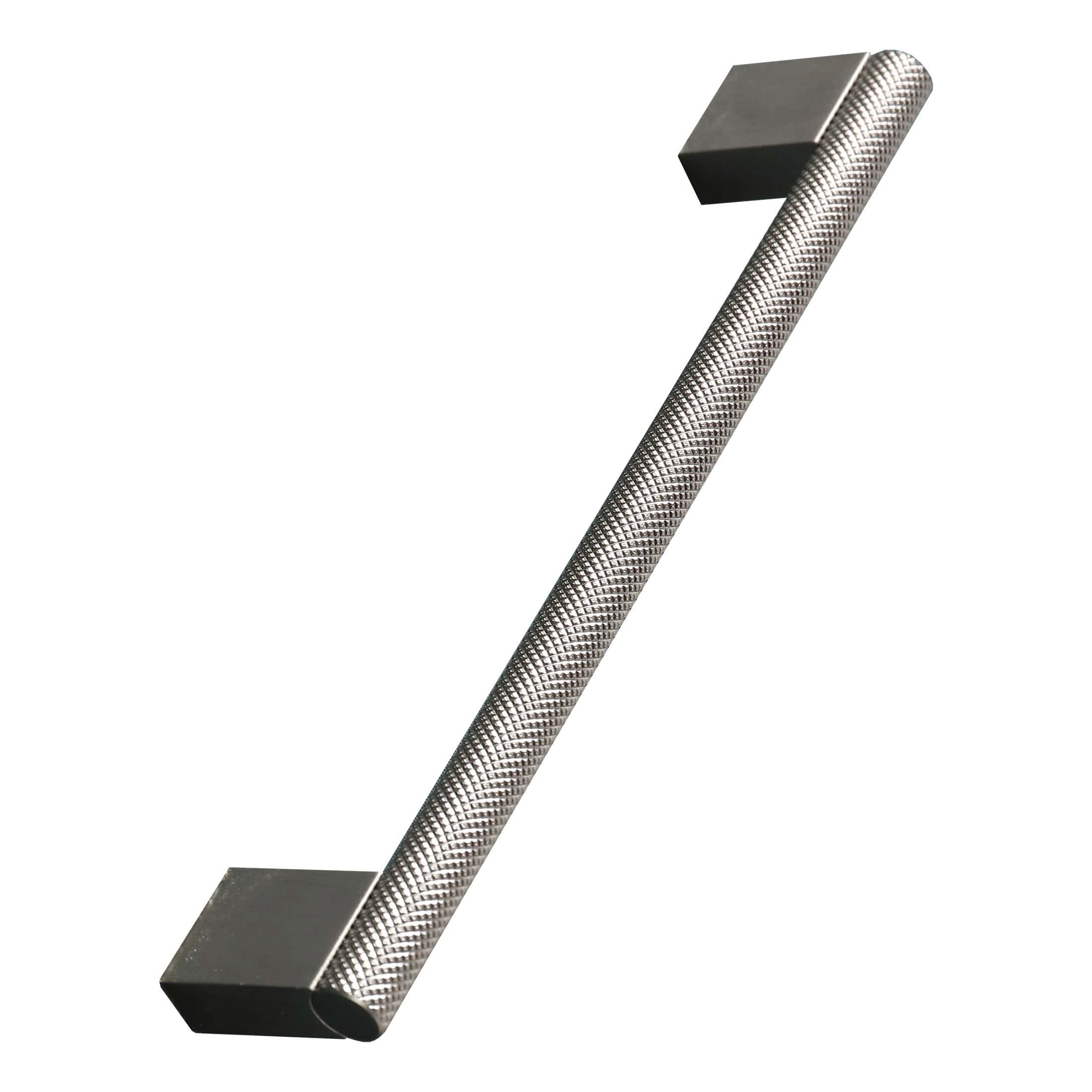 Stainless steel bathroom handle with textured grip and sleek modern design. Ideal for contemporary bathroom cabinetry, featuring durable materials for long-lasting use.
