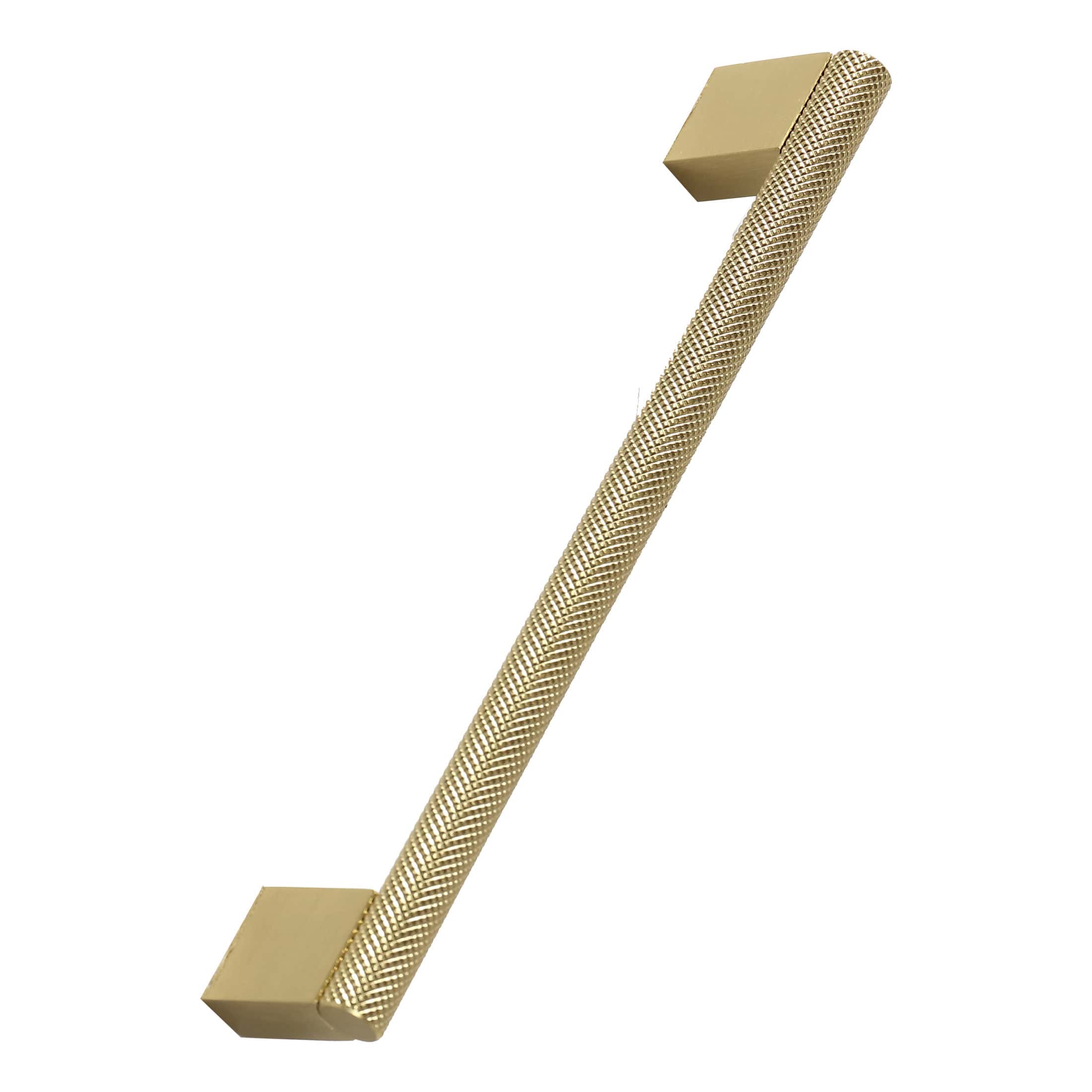 Shiny gold bathroom cabinet handle with textured grip design and square base fittings, ideal for modern bathrooms and furniture doors.