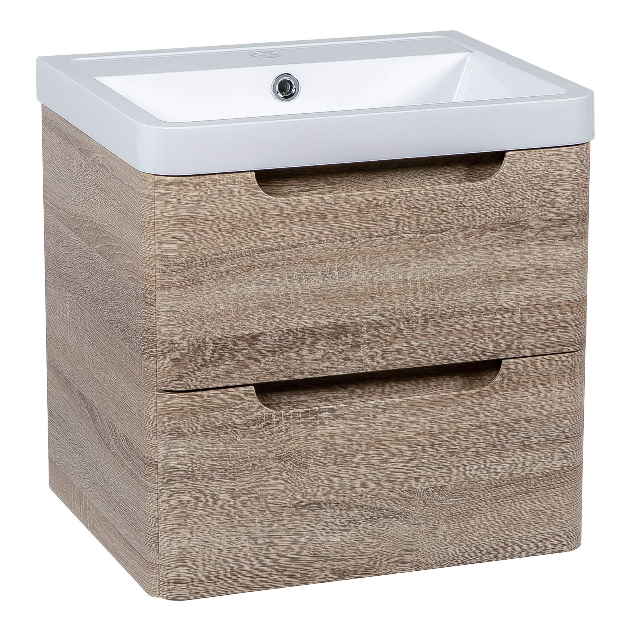 Modern bathroom vanity with a white ceramic sink and light wood finish cabinet, ideal for stylish and functional bathroom storage. Perfect for contemporary bathroom designs.