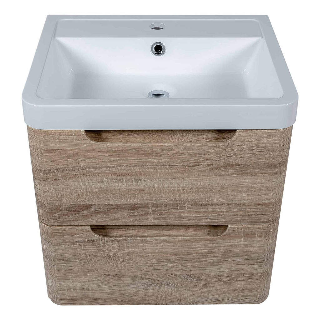 Sleek bathroom vanity unit with integrated white ceramic sink, featuring modern design, storage drawers, and natural wood finish, ideal for contemporary bathrooms and enhancing space efficiency.
