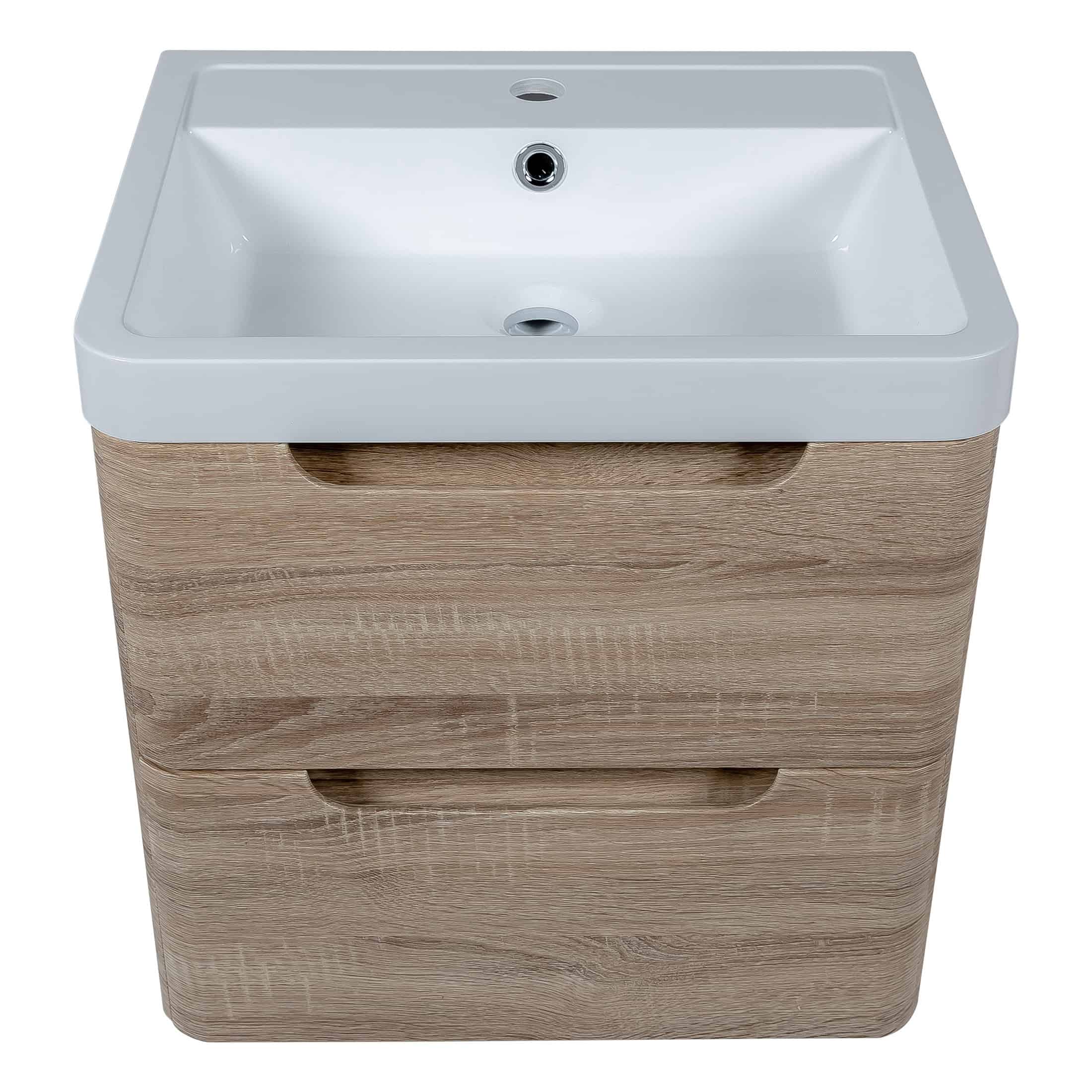 Sleek bathroom vanity unit with integrated white ceramic sink, featuring modern design, storage drawers, and natural wood finish, ideal for contemporary bathrooms and enhancing space efficiency.