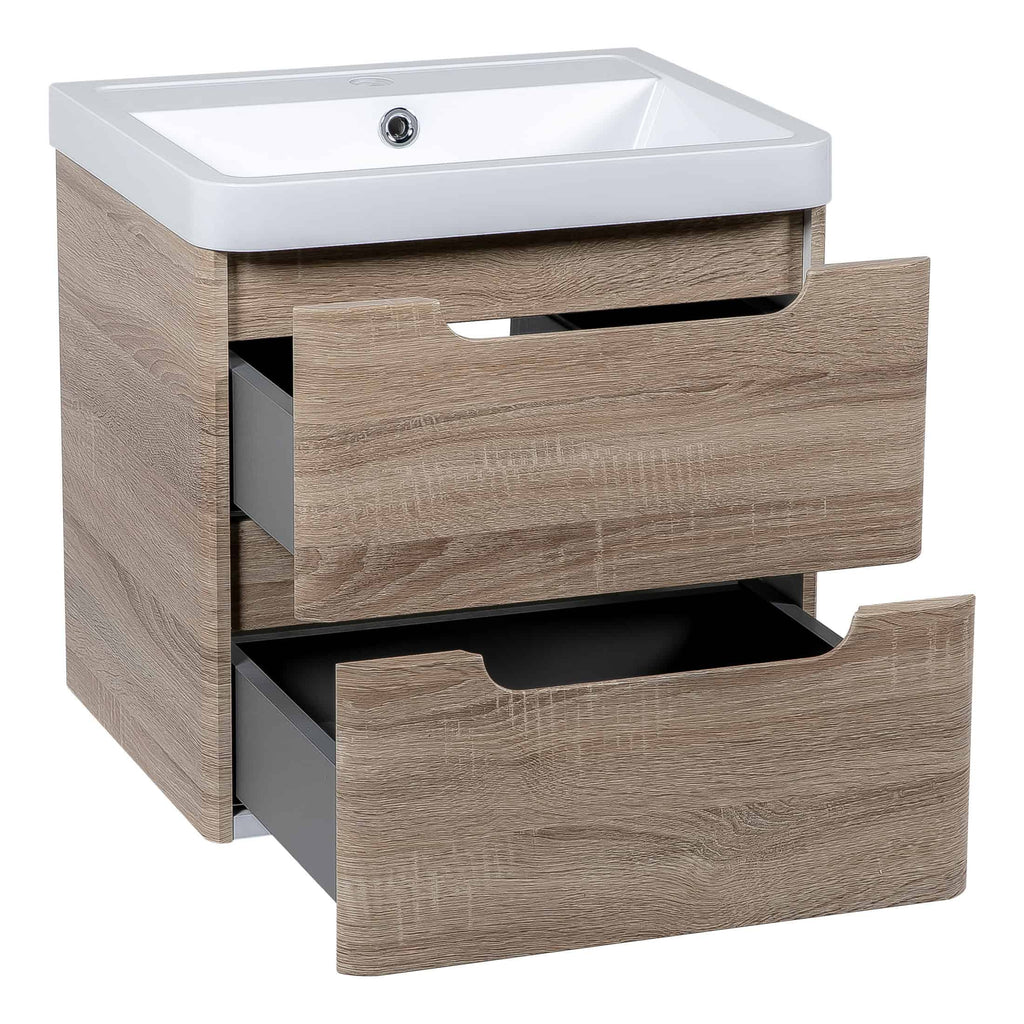 Modern bathroom vanity unit with integrated sink and wooden drawers for stylish bathroom storage.