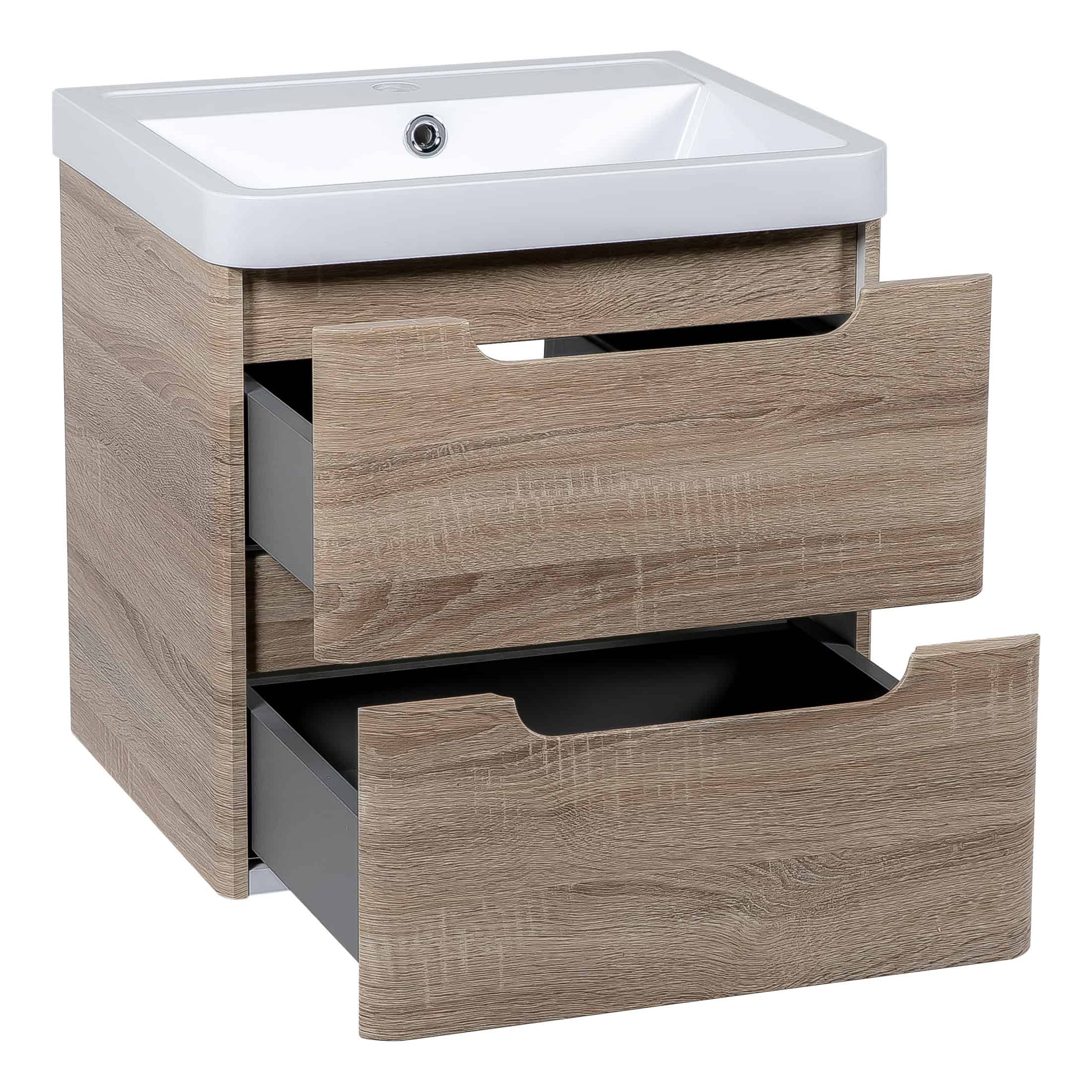 Modern bathroom vanity unit with integrated sink and wooden drawers for stylish bathroom storage.