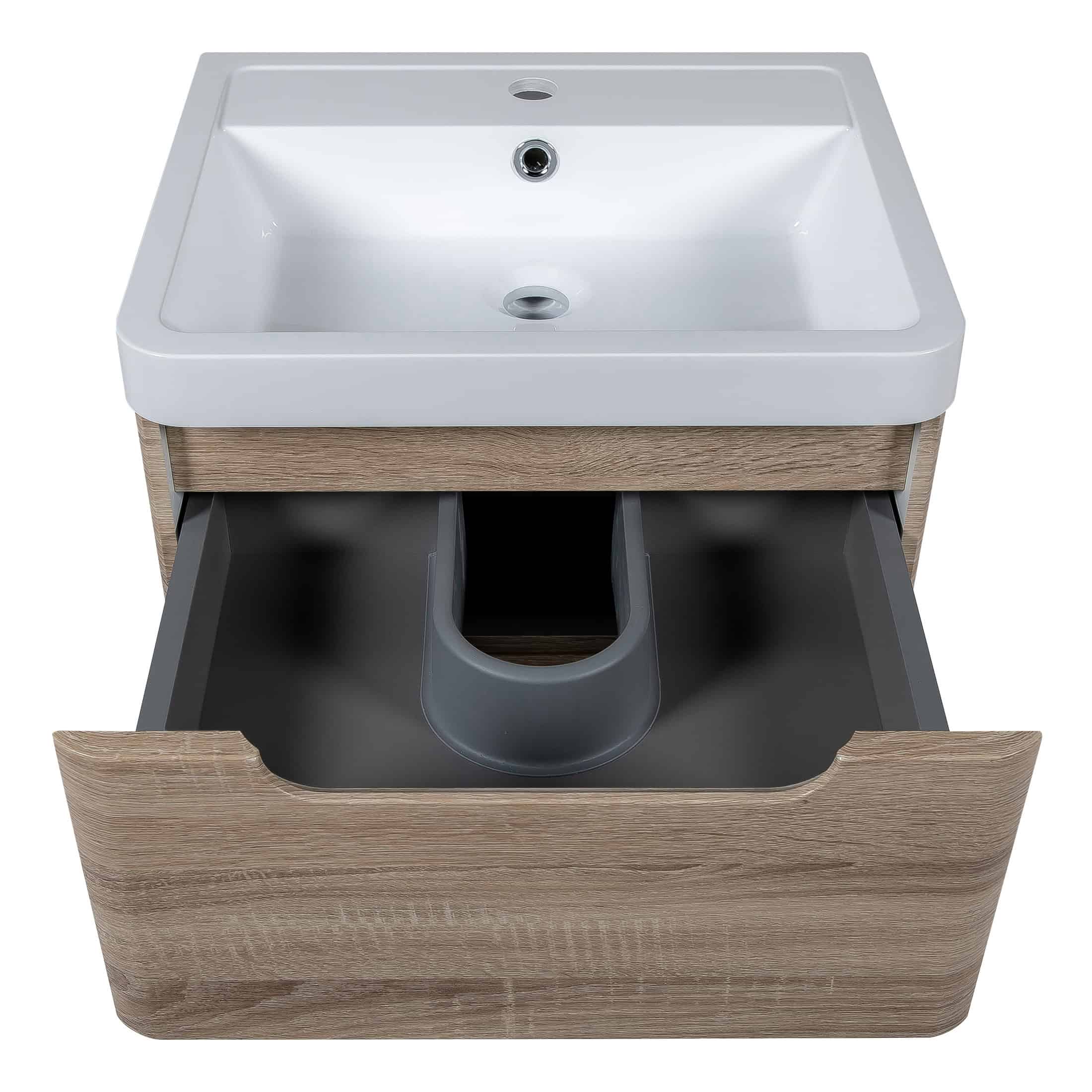 Contemporary bathroom vanity unit with a white ceramic sink and natural wood finish, featuring integrated storage and a spacious drawer for bathroom essentials.