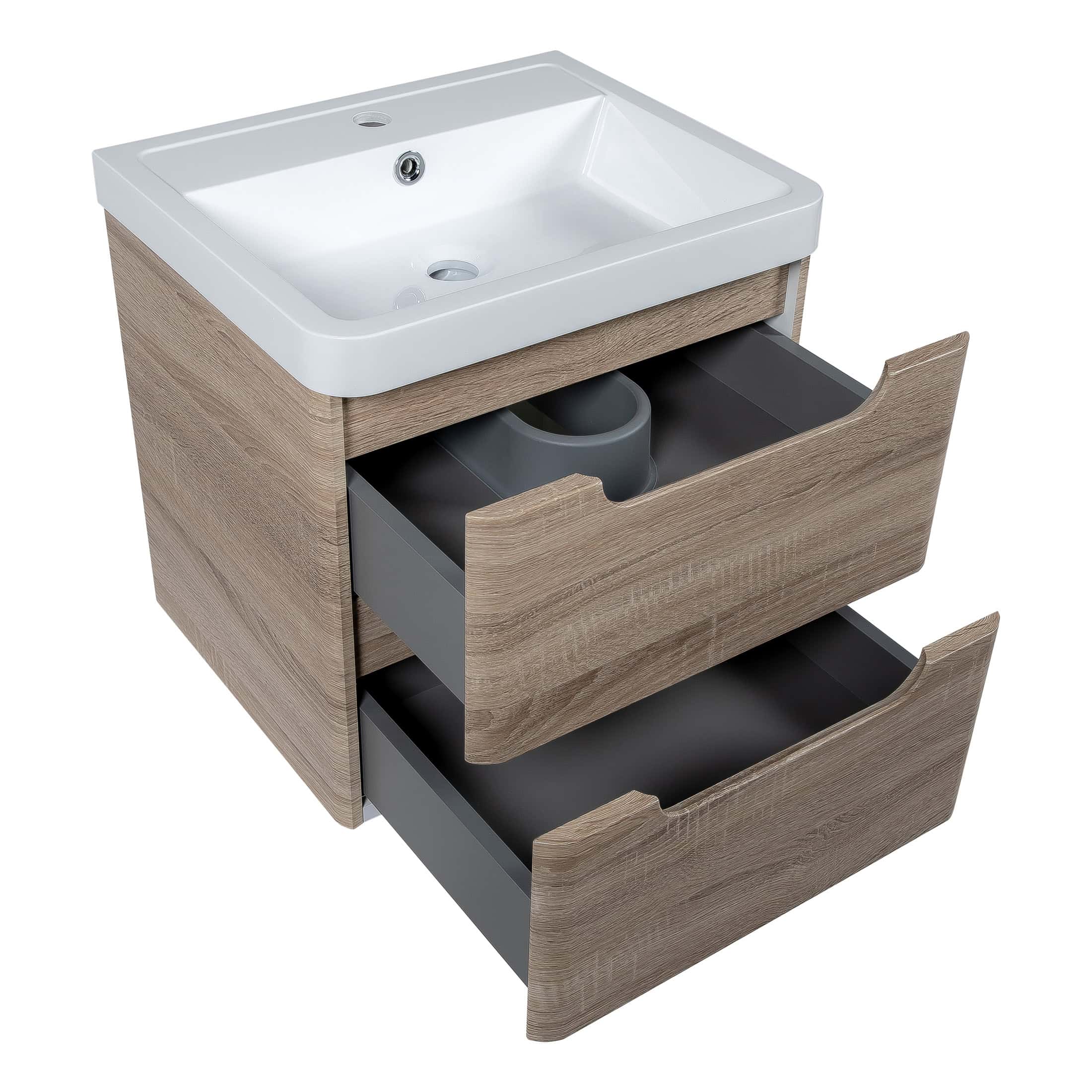 Modern bathroom vanity with a white ceramic sink and two spacious drawers in a natural wood finish for bathroom storage and style.