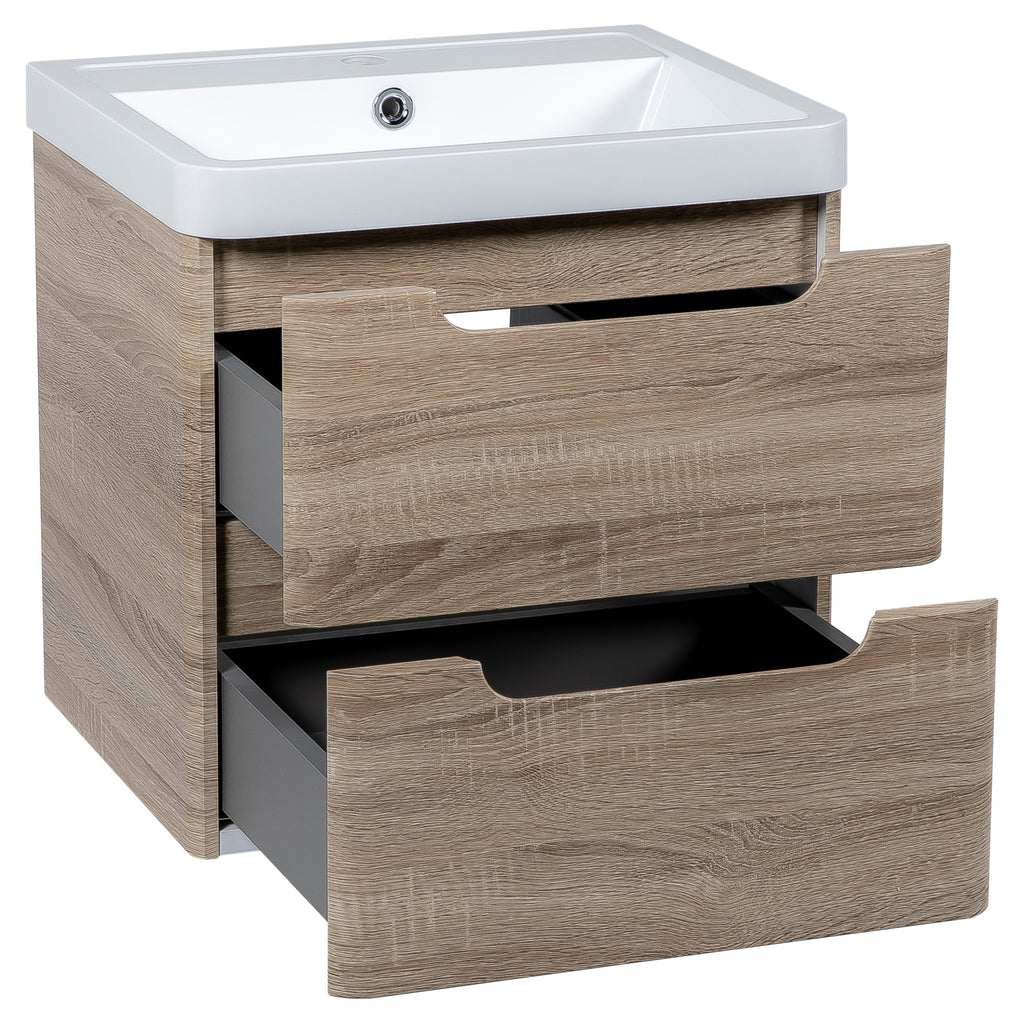 Tailored Monza 2 Drawer Wall Hung Vanity Unit With Polymarble Basin - 1 TH, Country Oak / 500mm - view 5