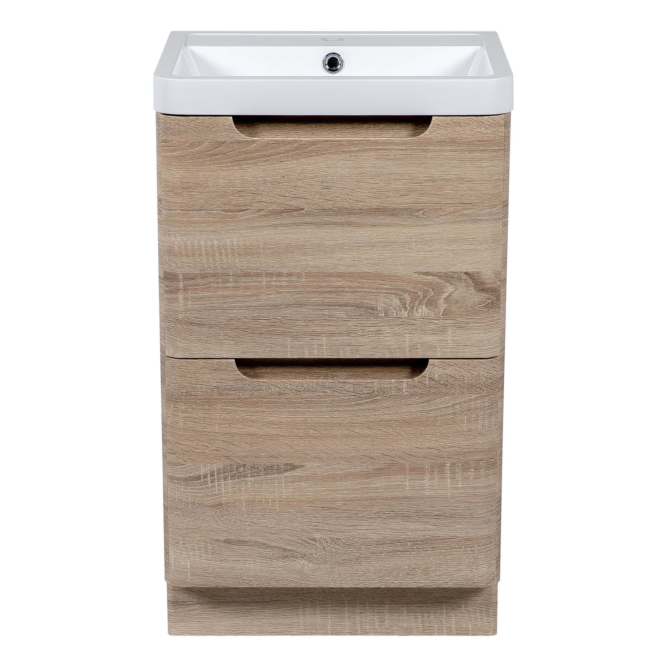 Sleek bathroom vanity unit with integrated sink in wood finish, modern storage drawers, ideal for contemporary bathroom design. Perfect for organising essentials while adding natural style.