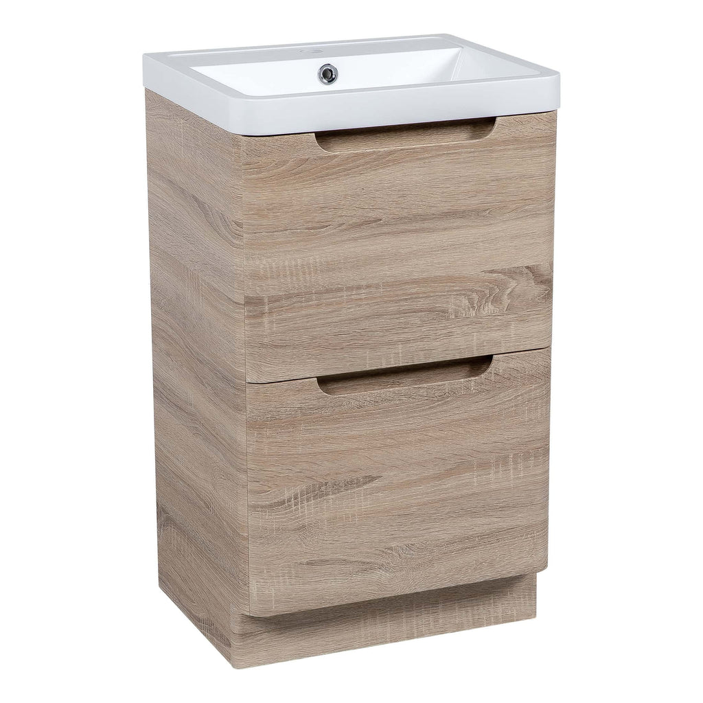 Polished wooden bathroom vanity with a white ceramic sink, modern design, storage drawers, ideal for contemporary bathroom renovations, featuring clean lines and functional storage space.