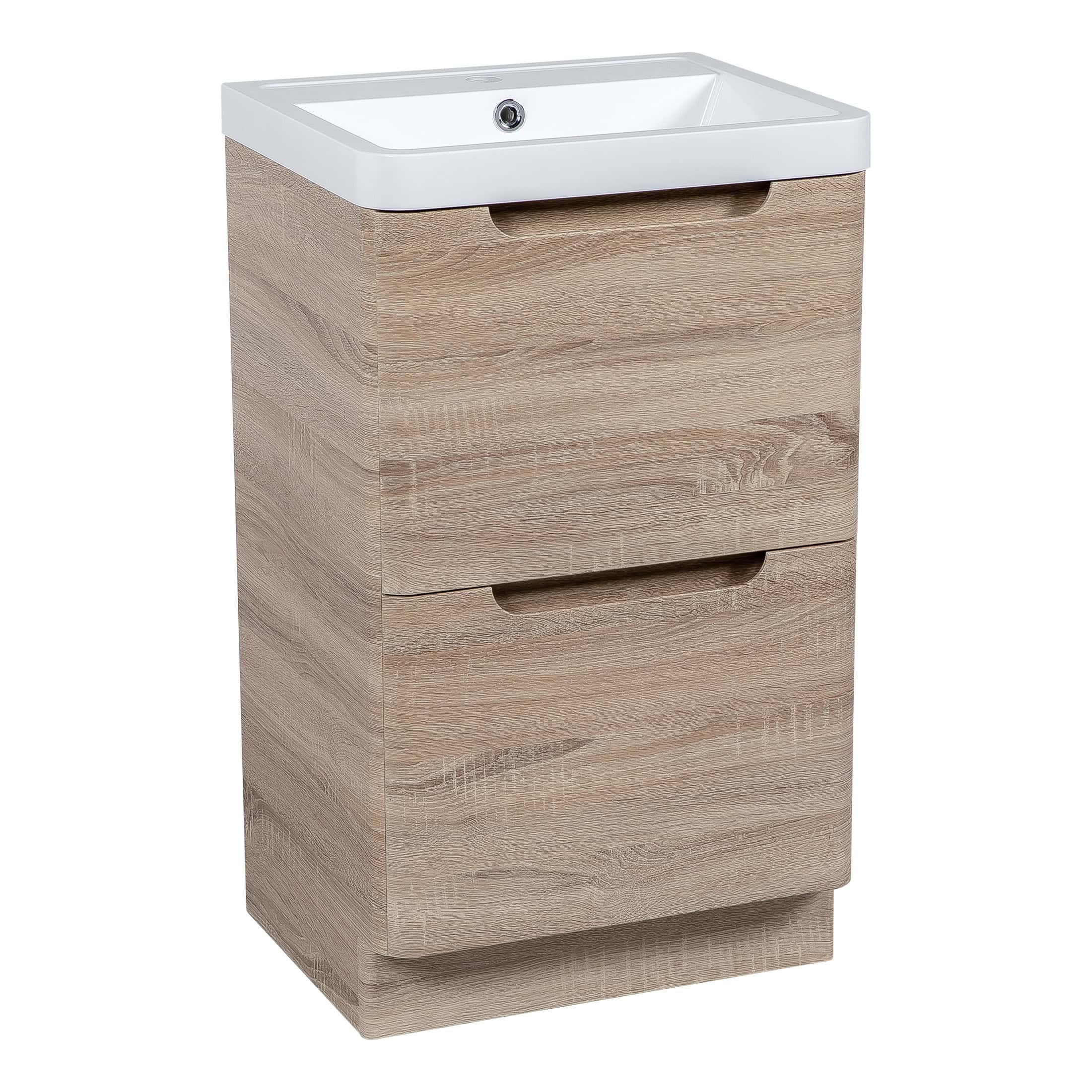 Polished wooden bathroom vanity with a white ceramic sink, modern design, storage drawers, ideal for contemporary bathroom renovations, featuring clean lines and functional storage space.