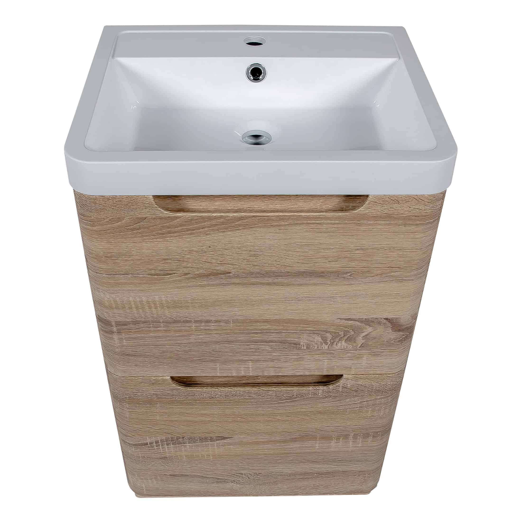 Modern bathroom vanity unit with integrated sink in white ceramic and light wood finish, featuring sleek storage drawers, designed for stylish and functional bathroom spaces.