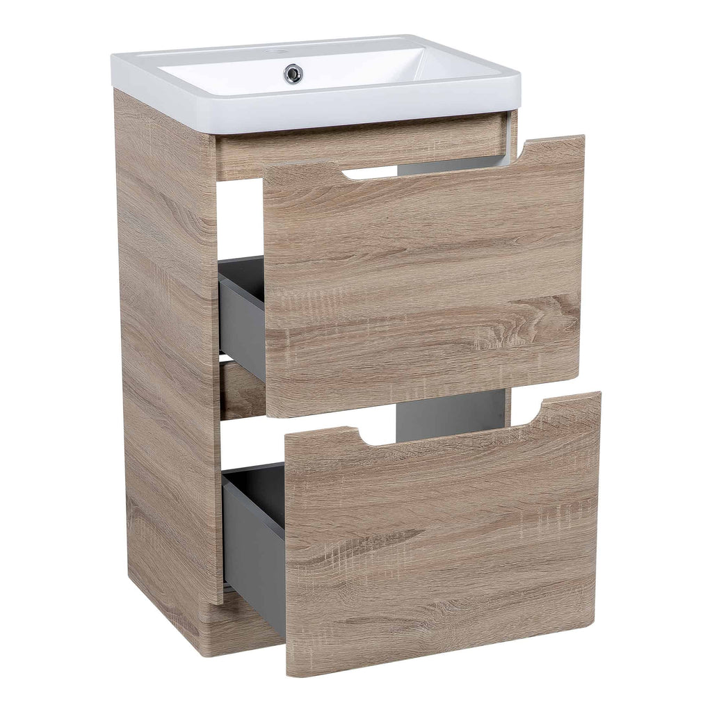 Modern bathroom vanity unit with integrated sink, wooden finish and grey drawers, ideal for contemporary bathroom décor.