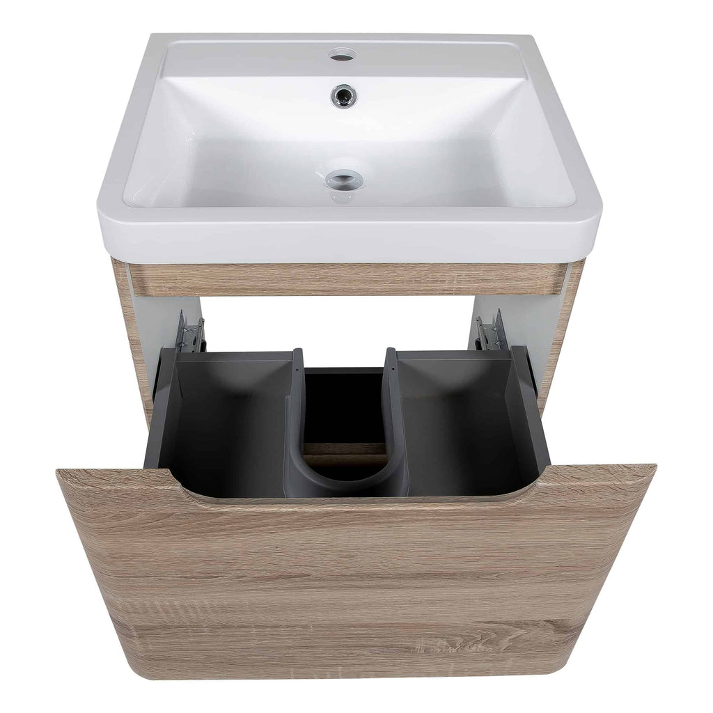 Sleek modern bathroom vanity unit with built-in ceramic sink and integrated storage drawers, perfect for contemporary bathroom decor and organisation.