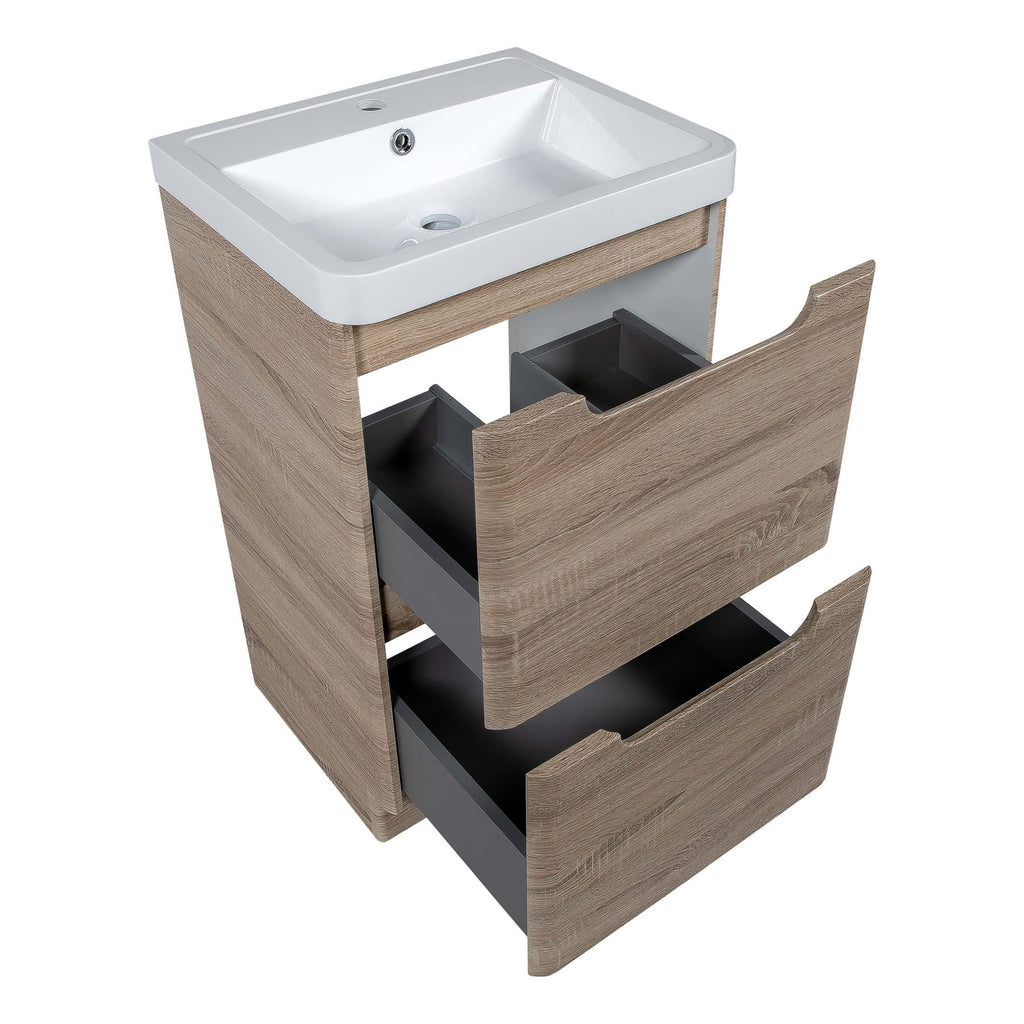 Bright modern bathroom vanity unit with a white ceramic sink and spacious storage drawers, perfect for contemporary bathroom spaces and easy organisation.
