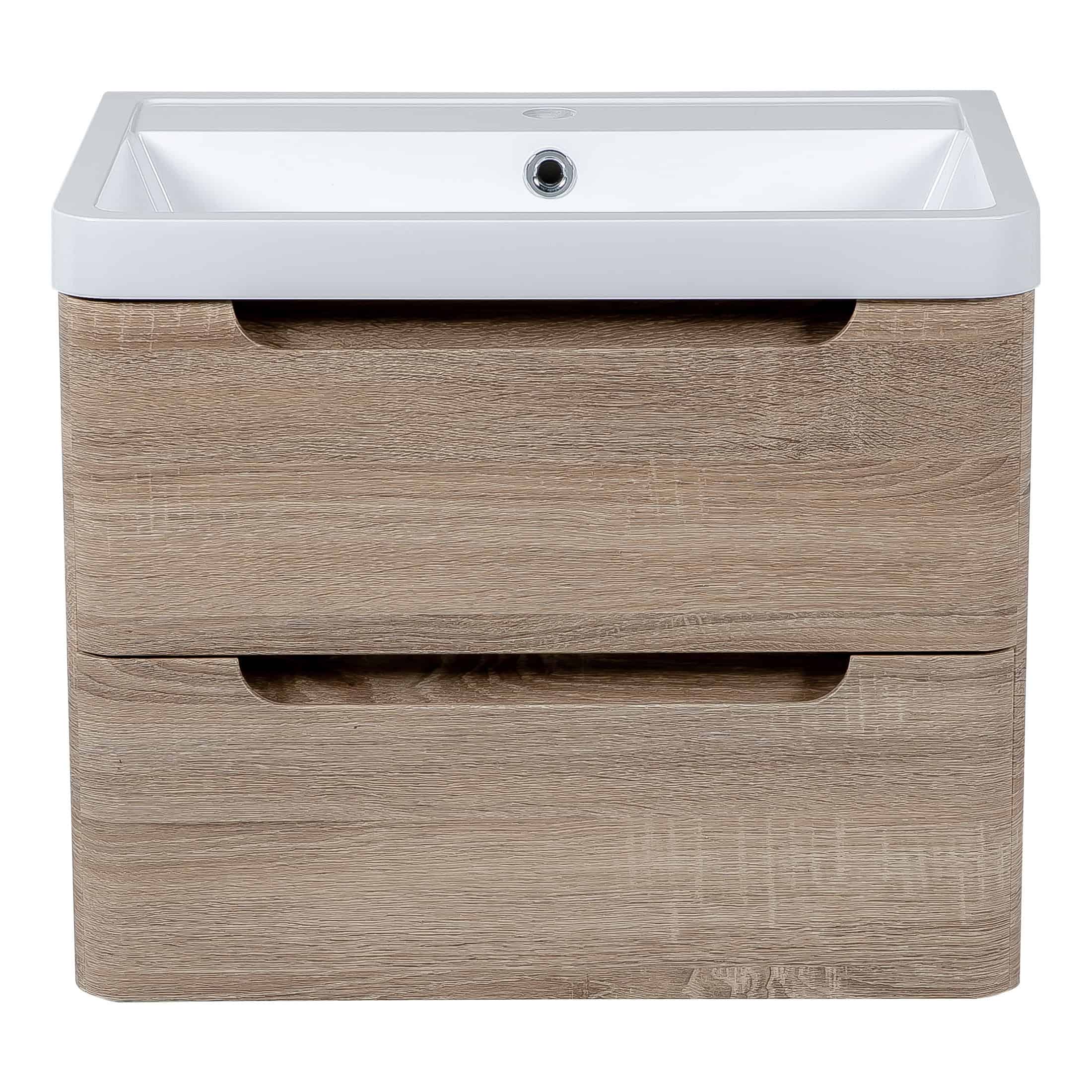 Sleek bathroom vanity with integrated sink and wooden finish, perfect for modern bathroom interior design. Includes storage drawers for organised toiletries and accessories.
