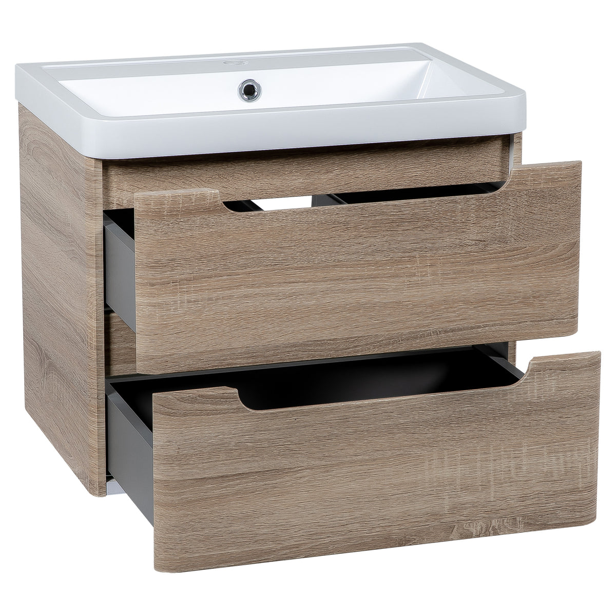Tailored Monza 2 Drawer Wall Hung Vanity Unit With Polymarble Basin - 1 TH, Country Oak / 600mm - view 7