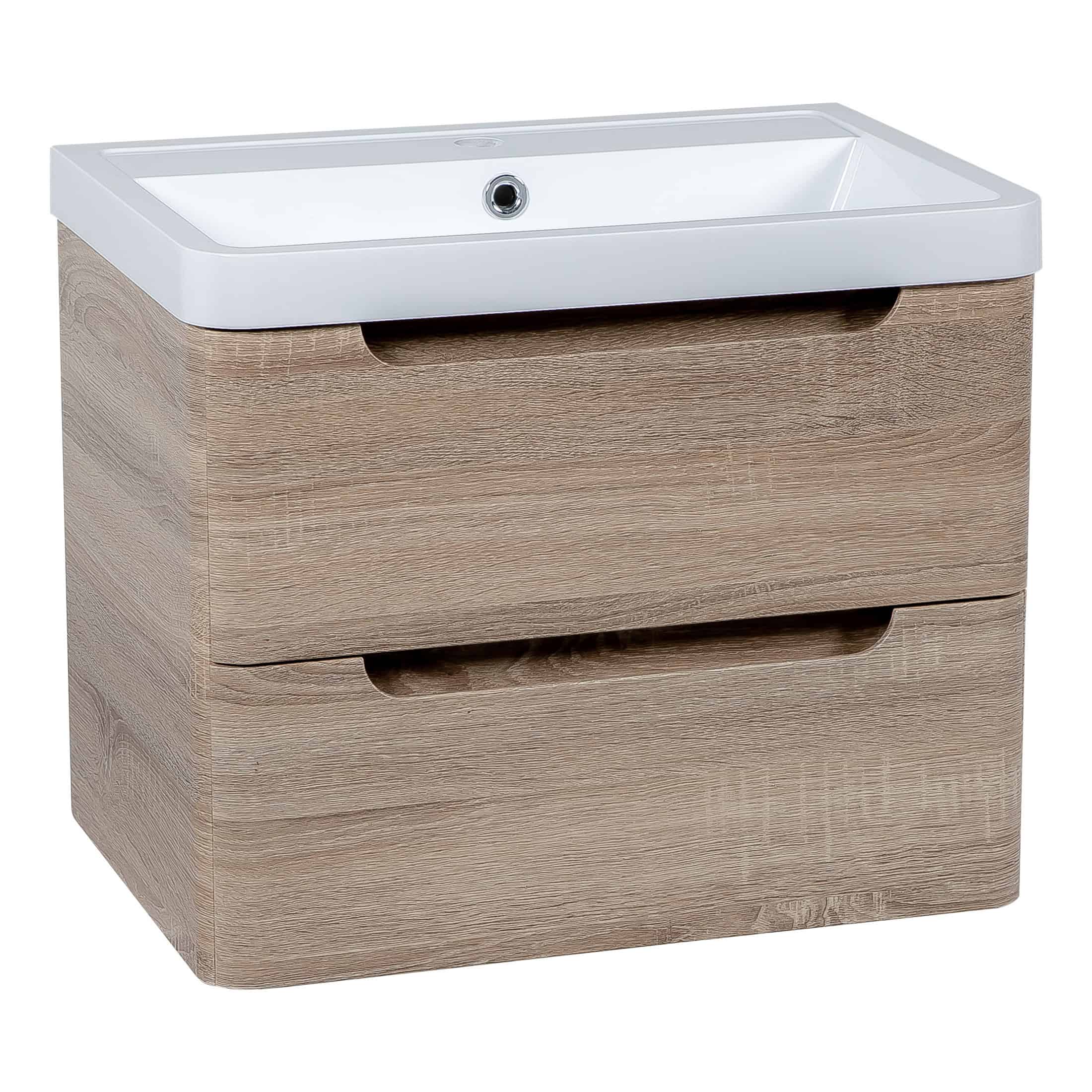 Sleek bathroom vanity unit with integrated washbasin in a modern light wood finish, featuring clean lines and storage drawers, perfect for contemporary bathroom decor.