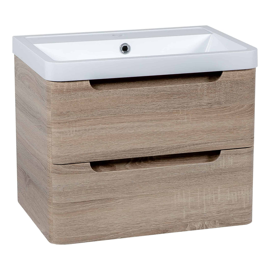 Sleek bathroom vanity unit with integrated washbasin in a modern light wood finish, featuring clean lines and storage drawers, perfect for contemporary bathroom decor.