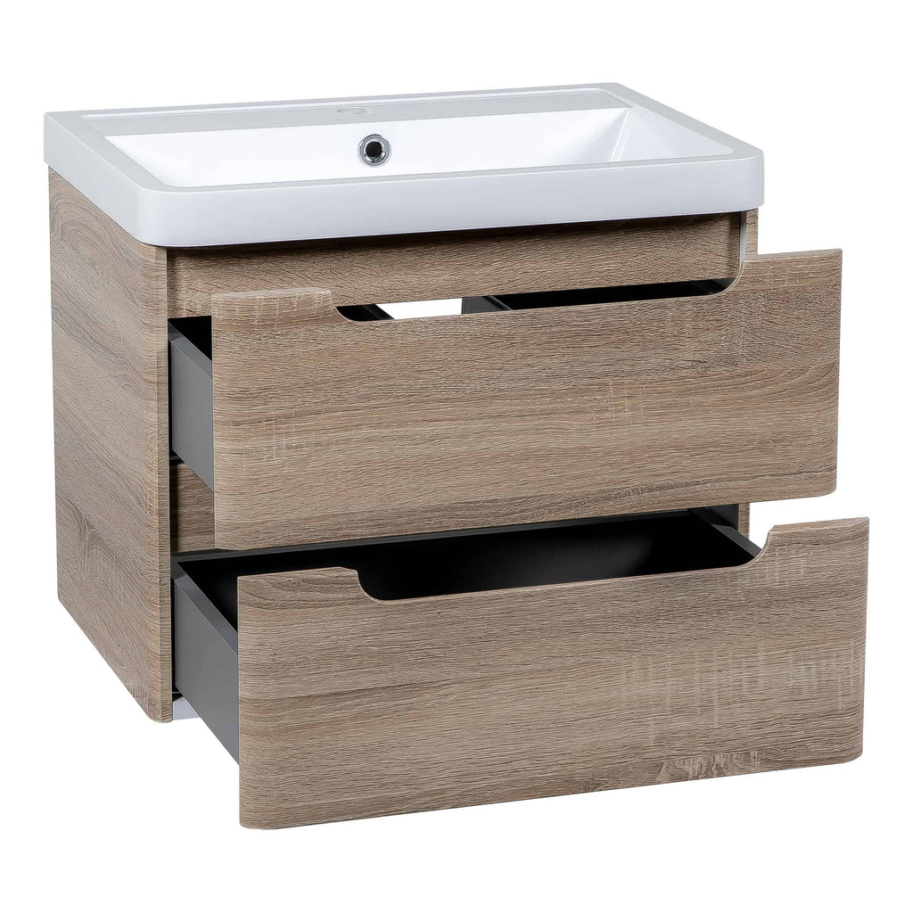 Sleek bathroom vanity with integrated sink, wood finish drawers, modern design, and ample storage space for contemporary bathroom decor. Ideal for stylish bathroom renovations.