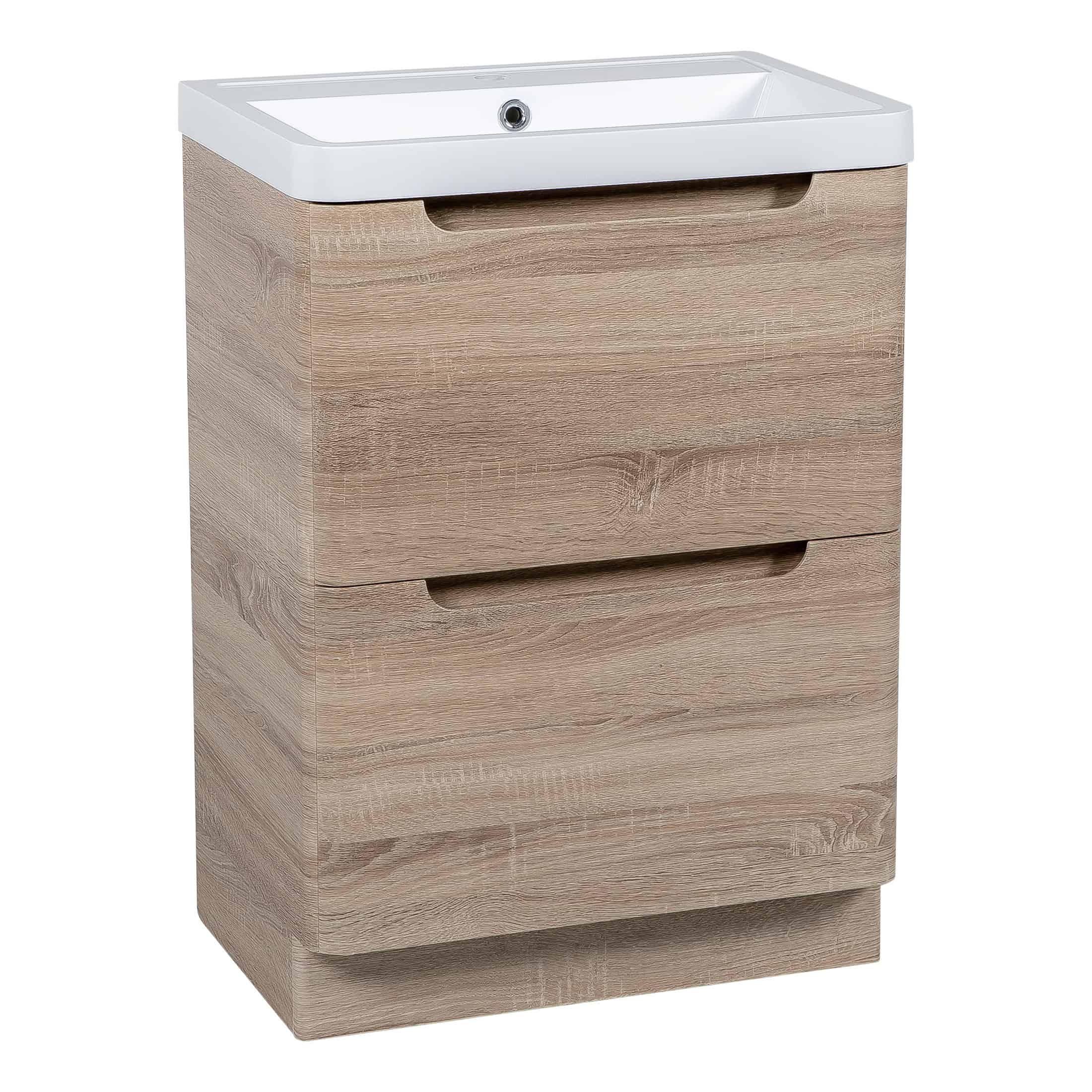 Modern wooden bathroom vanity with integrated sink and storage drawers, ideal for contemporary bathroom designs. Durable finish and sleek handles enhance functionality and style.