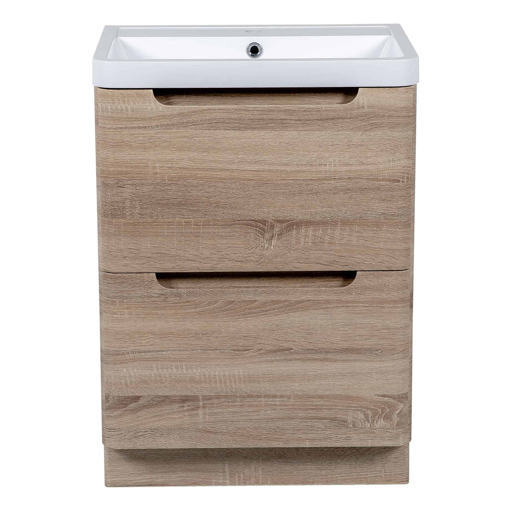 Stylish bathroom vanity unit with integrated sink, featuring a modern wood finish, storage drawers, and a sleek design perfect for contemporary bathrooms.