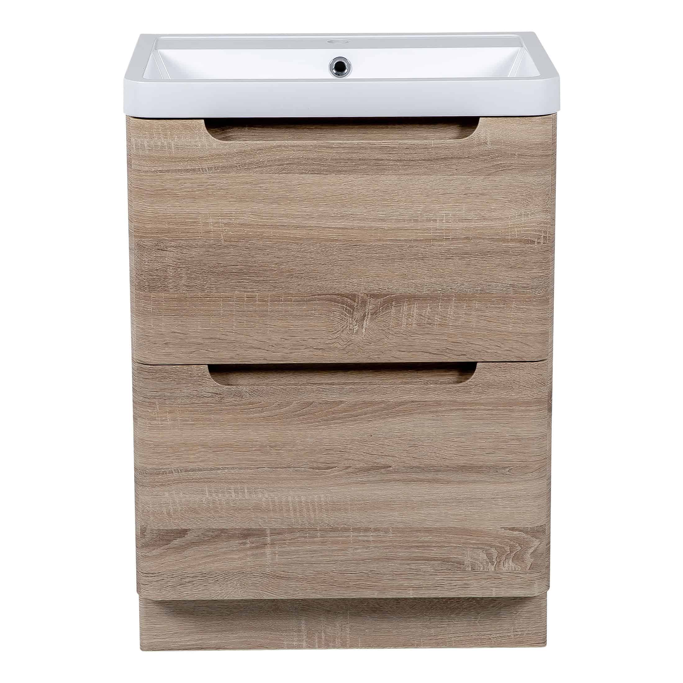 Stylish bathroom vanity unit with integrated sink, featuring a modern wood finish, storage drawers, and a sleek design perfect for contemporary bathrooms.