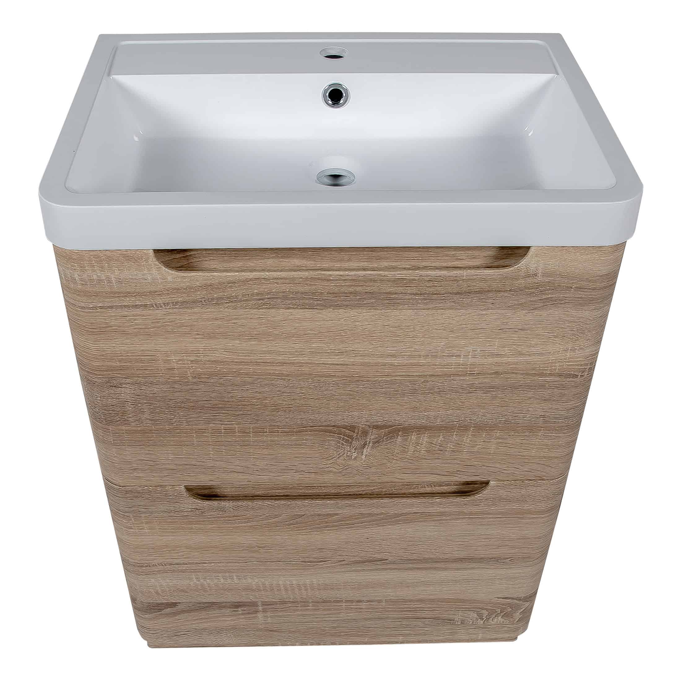 Contemporary bathroom vanity unit with a white ceramic sink and natural wood finish, perfect for modern bathroom decor and efficient space use.
