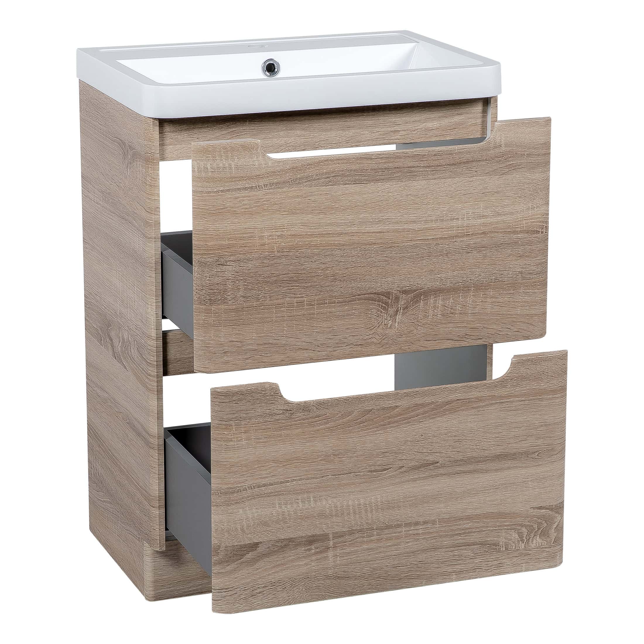 Elegant bathroom vanity with a built-in white ceramic sink and natural wood finish drawers, perfect for modern bathroom designs. Suitable for bathroom storage and accessories.