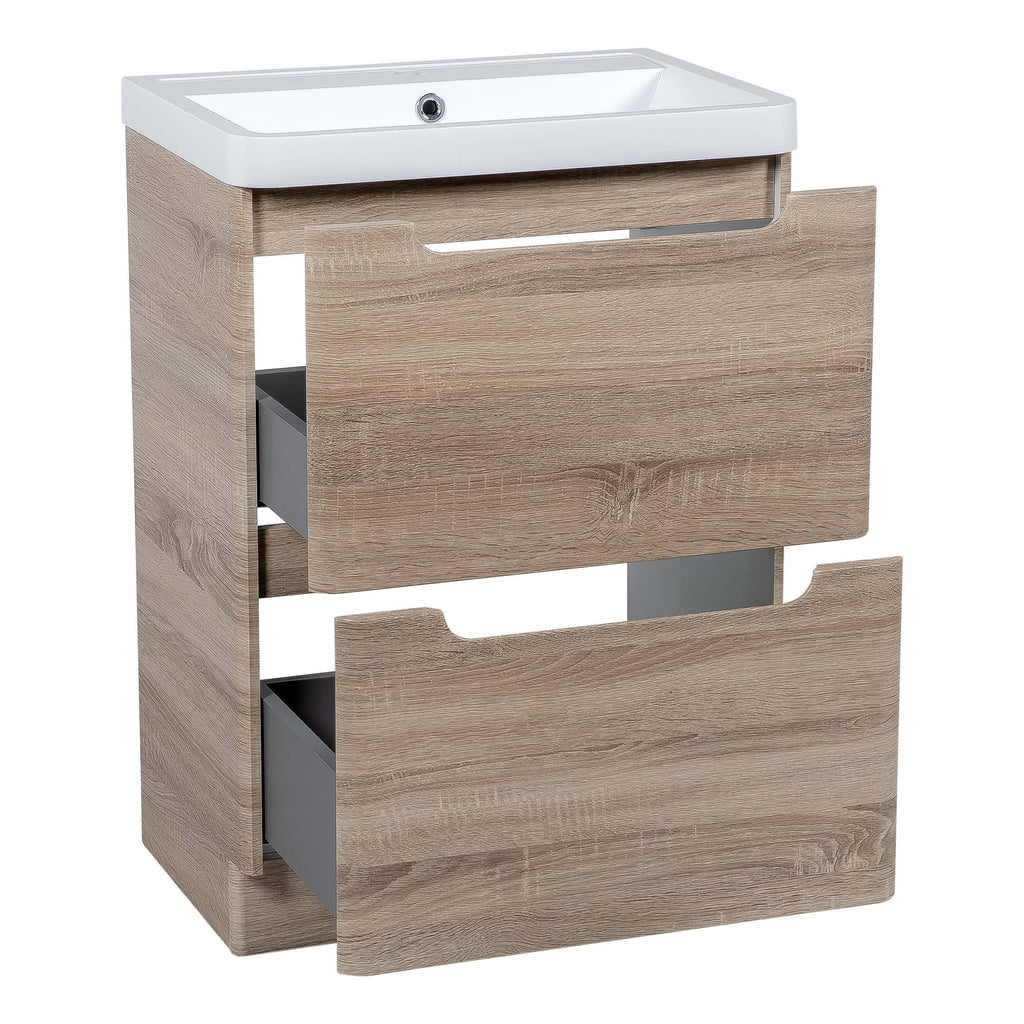 Elegant bathroom vanity with a built-in white ceramic sink and natural wood finish drawers, perfect for modern bathroom designs. Suitable for bathroom storage and accessories.