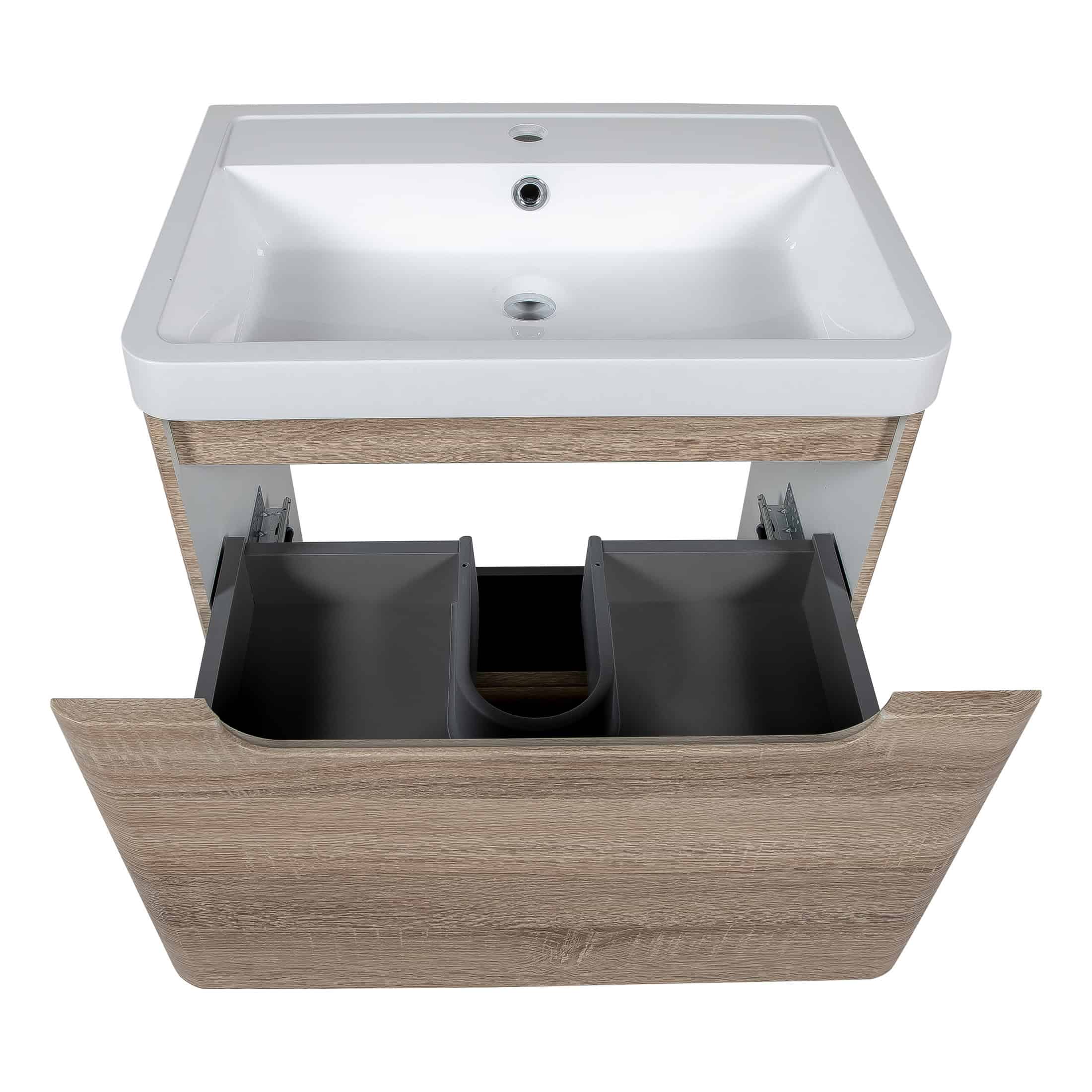Modern bathroom vanity with integrated sink, wooden cabinet with open drawers for ample storage, ideal for contemporary bathroom décor. Perfect for organising bathroom essentials.