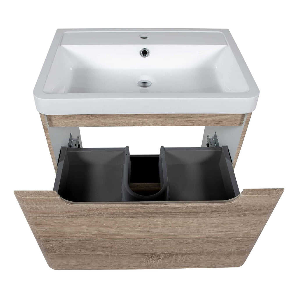Modern bathroom vanity with integrated sink, wooden cabinet with open drawers for ample storage, ideal for contemporary bathroom décor. Perfect for organising bathroom essentials.