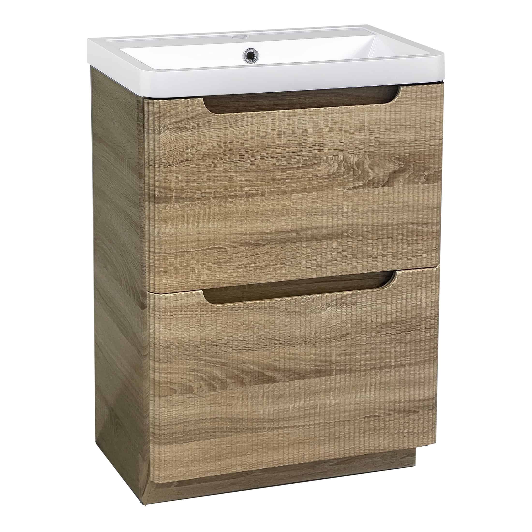 Sustainable wood bathroom vanity with integrated sink, modern storage drawers, and contemporary design, perfect for stylish and eco-friendly bathroom decor.