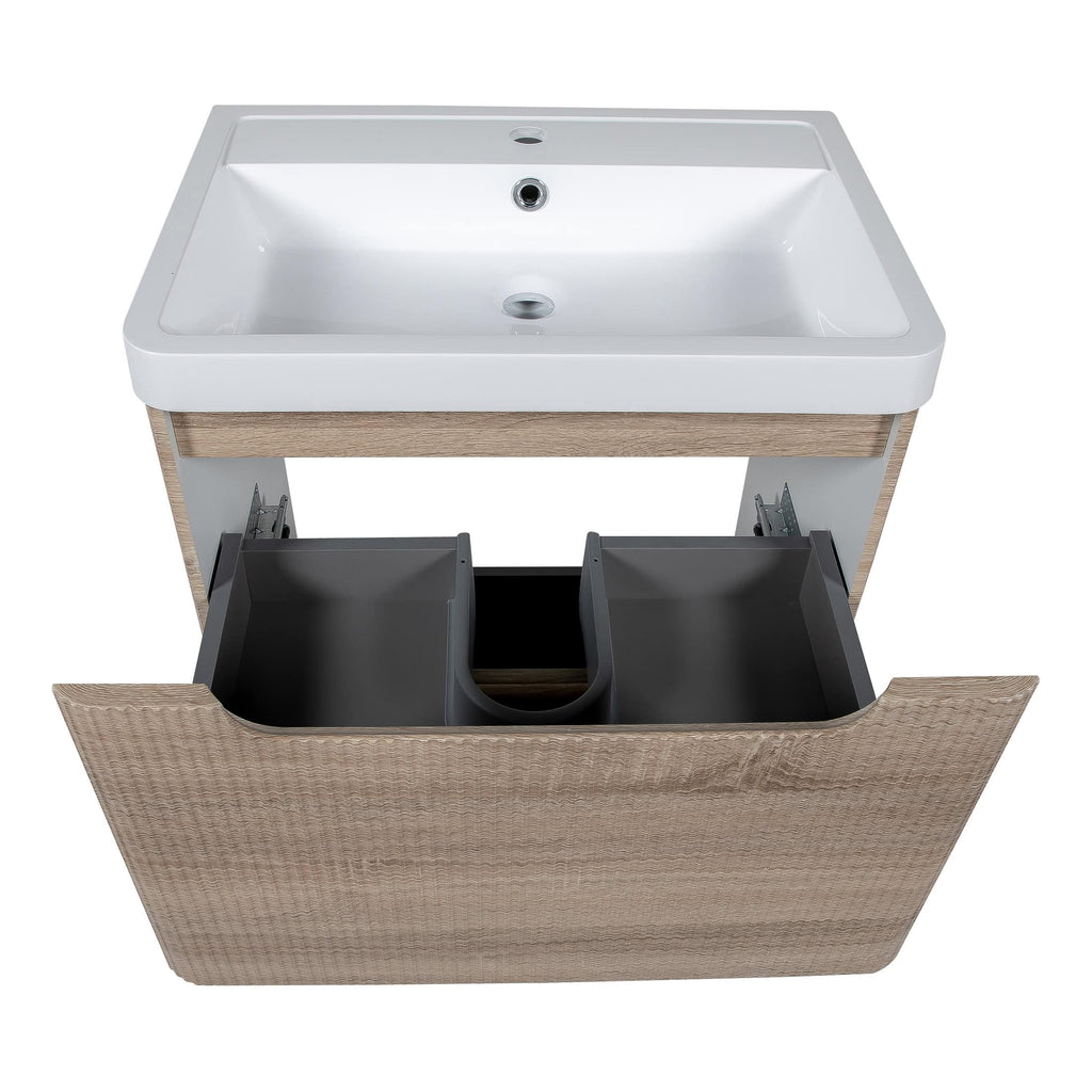 Modern bathroom vanity with integrated sink and black storage bins, featuring a natural wood finish, ideal for contemporary bathroom design, providing efficient organisation and sleek aesthetics.