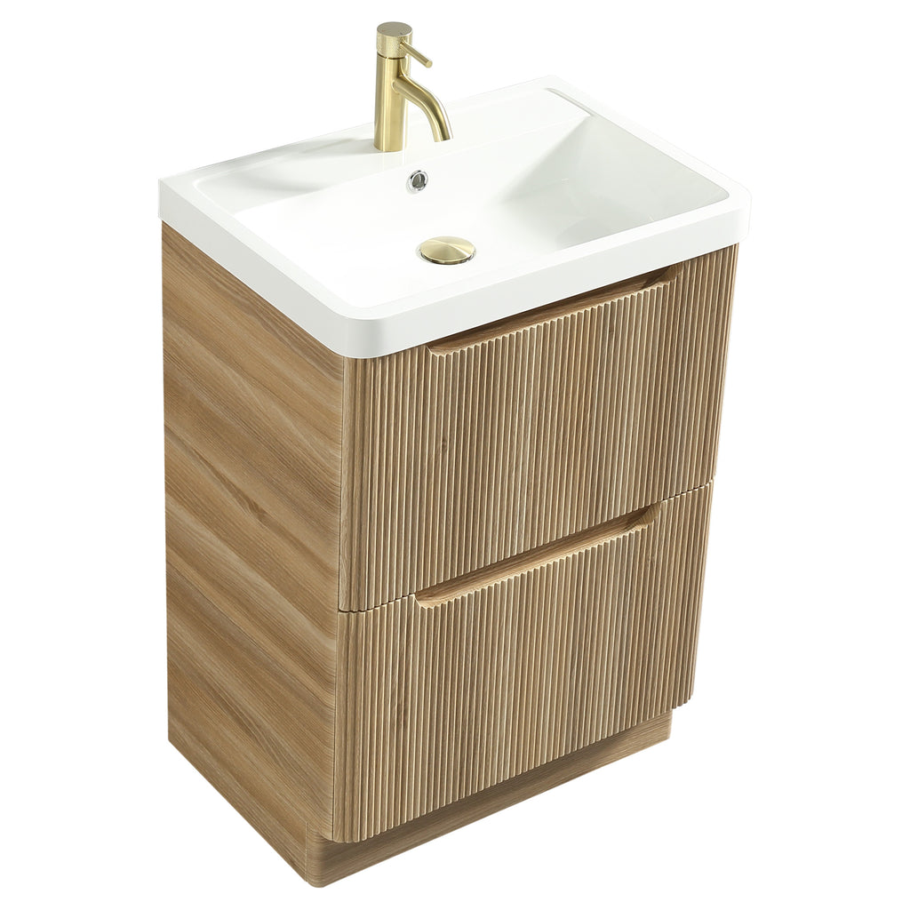 Tailored Monza 2 Drawer Fluted Floorstanding Vanity Unit With Polymarble Basin - 600mm Wide - 1 TH, Country Oak - view 3