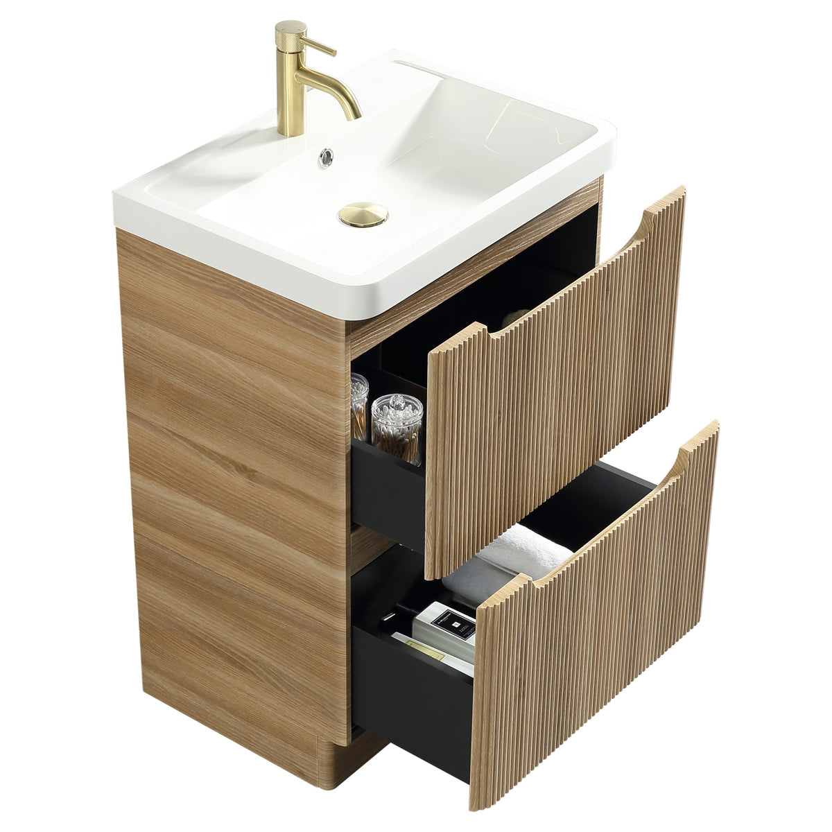 Tailored Monza 2 Drawer Fluted Floorstanding Vanity Unit With Polymarble Basin - 600mm Wide - 1 TH, Country Oak - view 7