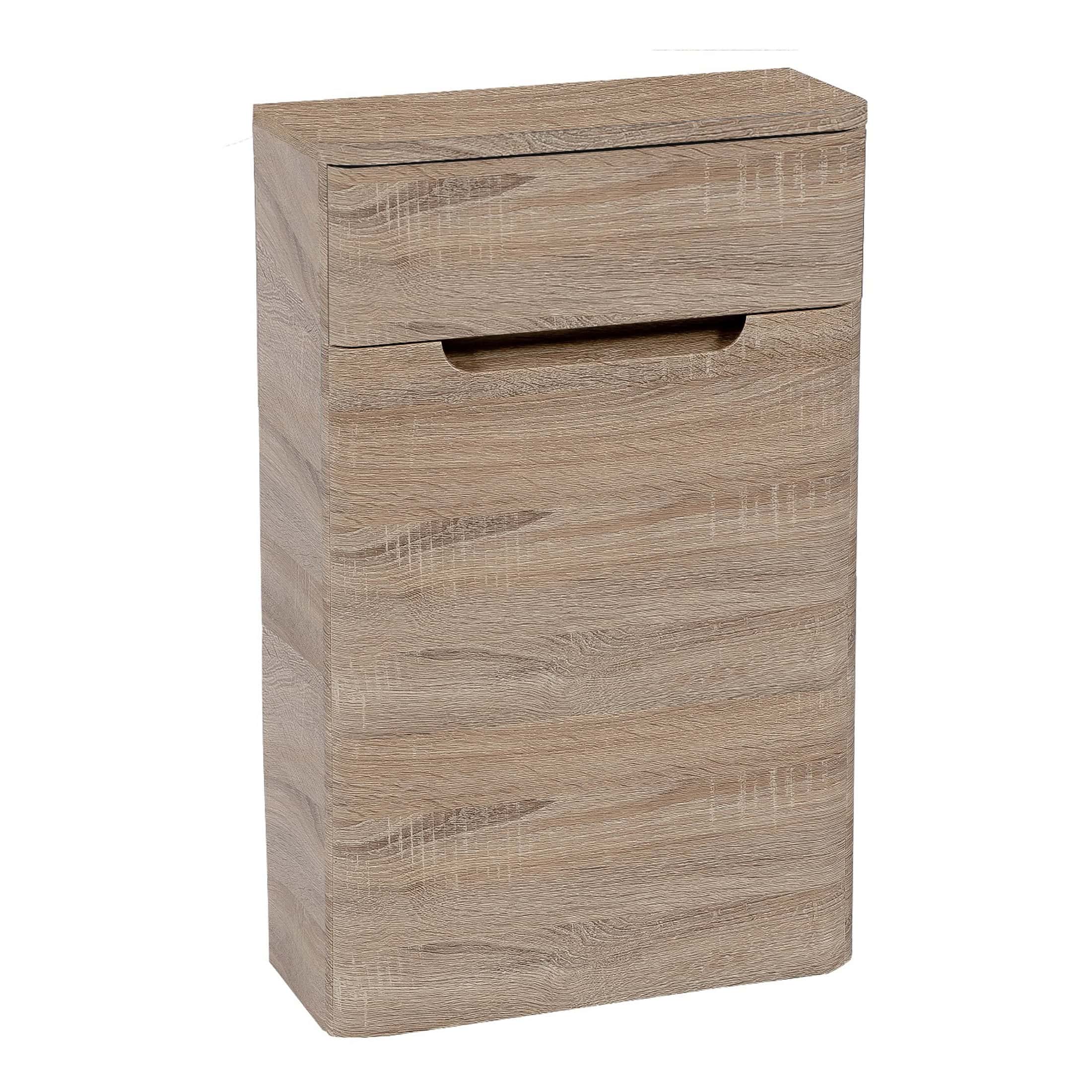 Solid wood bathroom storage cabinet in a natural oak finish with single drawer and pull-out compartment, ideal for modern bathrooms.