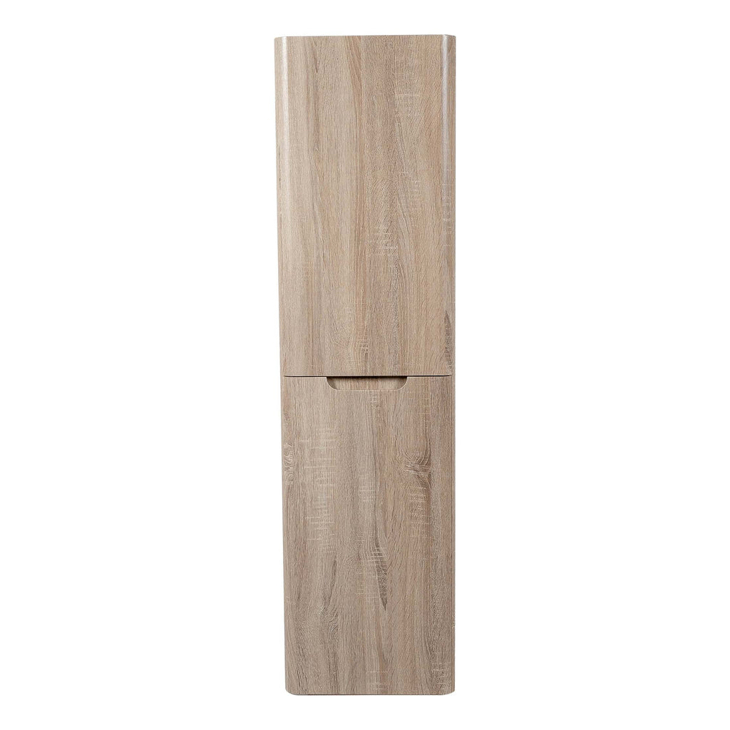 Tall bathroom storage cabinet in light wood finish, ideal for organising toiletries and bathroom essentials, adding a stylish and functional touch to your bathroom decor.
