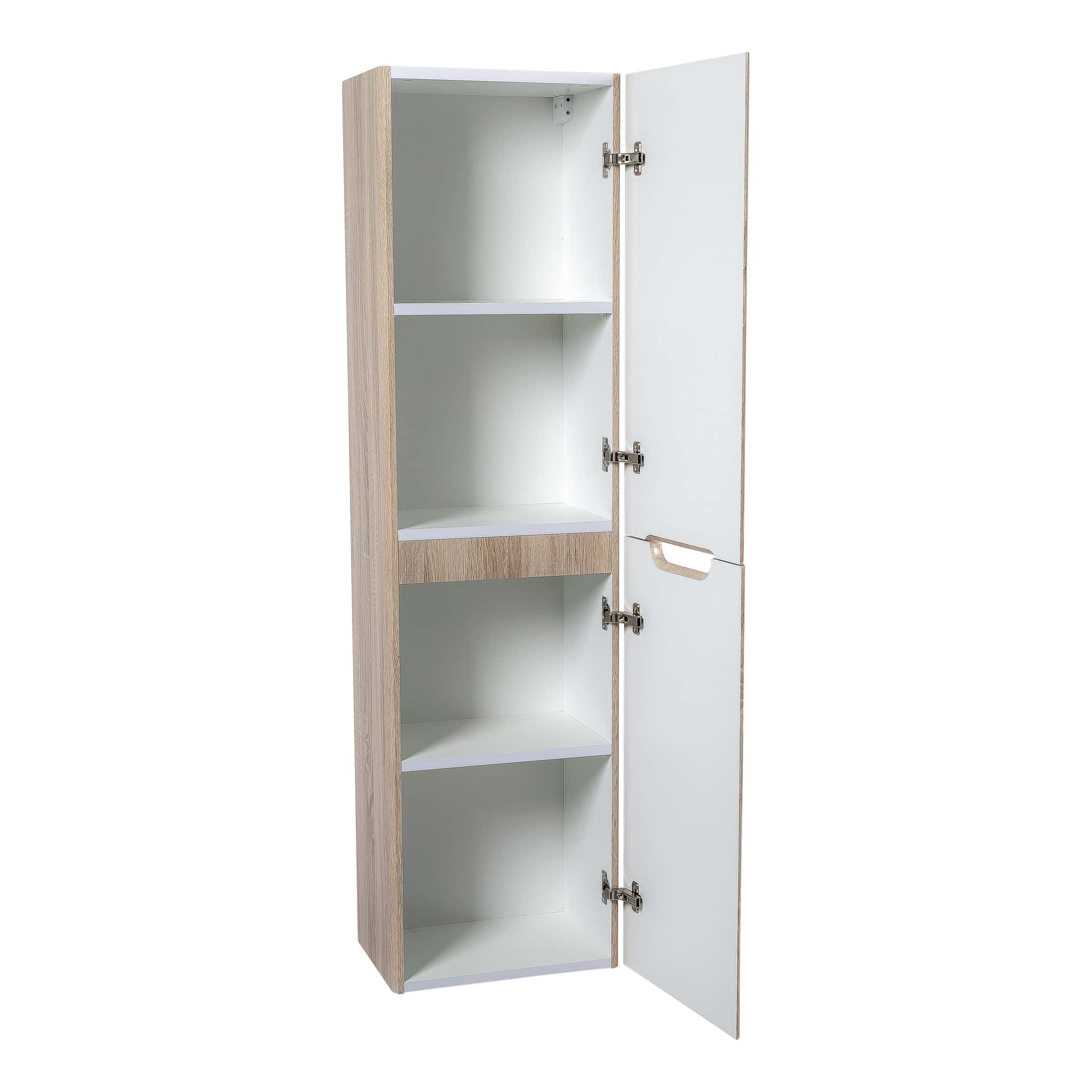 Light oak and white bathroom storage cabinet with adjustable shelves for organising toiletries and essentials. Durable, modern, and space-saving design suitable for contemporary bathrooms.