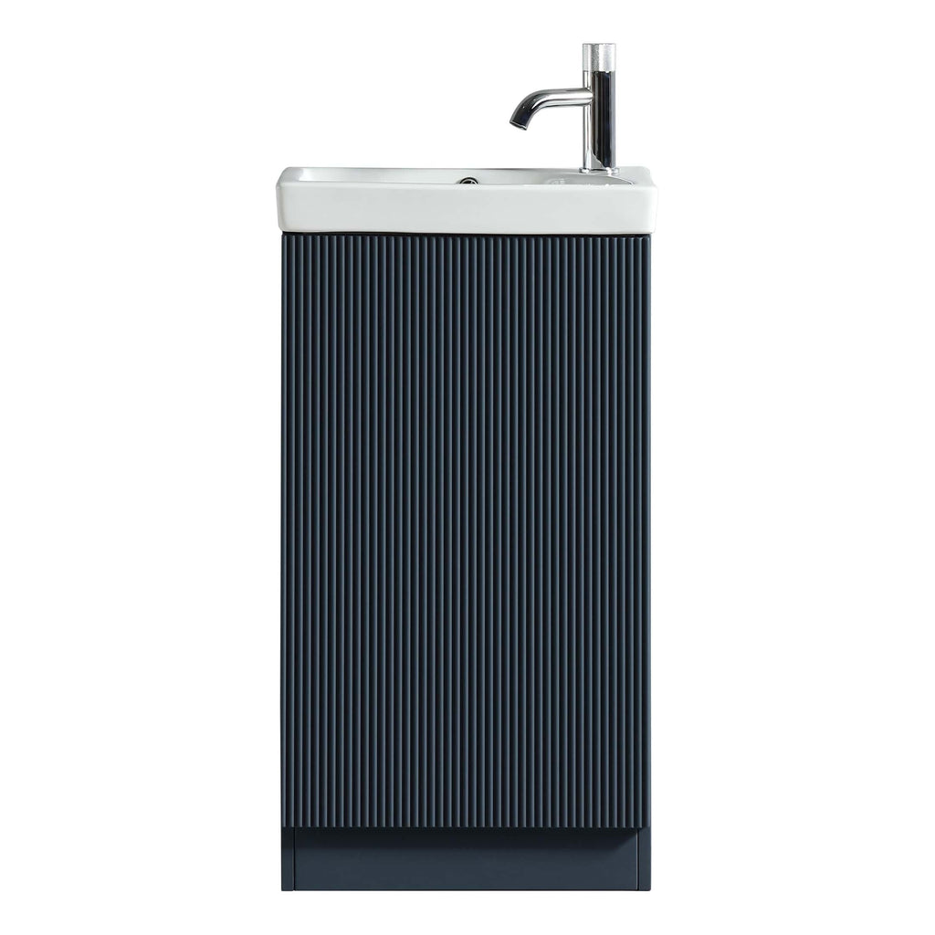 Sleek black bathroom vanity with integrated sink and chrome faucet, perfect for modern bathroom designs. Stylish, space-saving, with textured vertical paneling for a contemporary look.