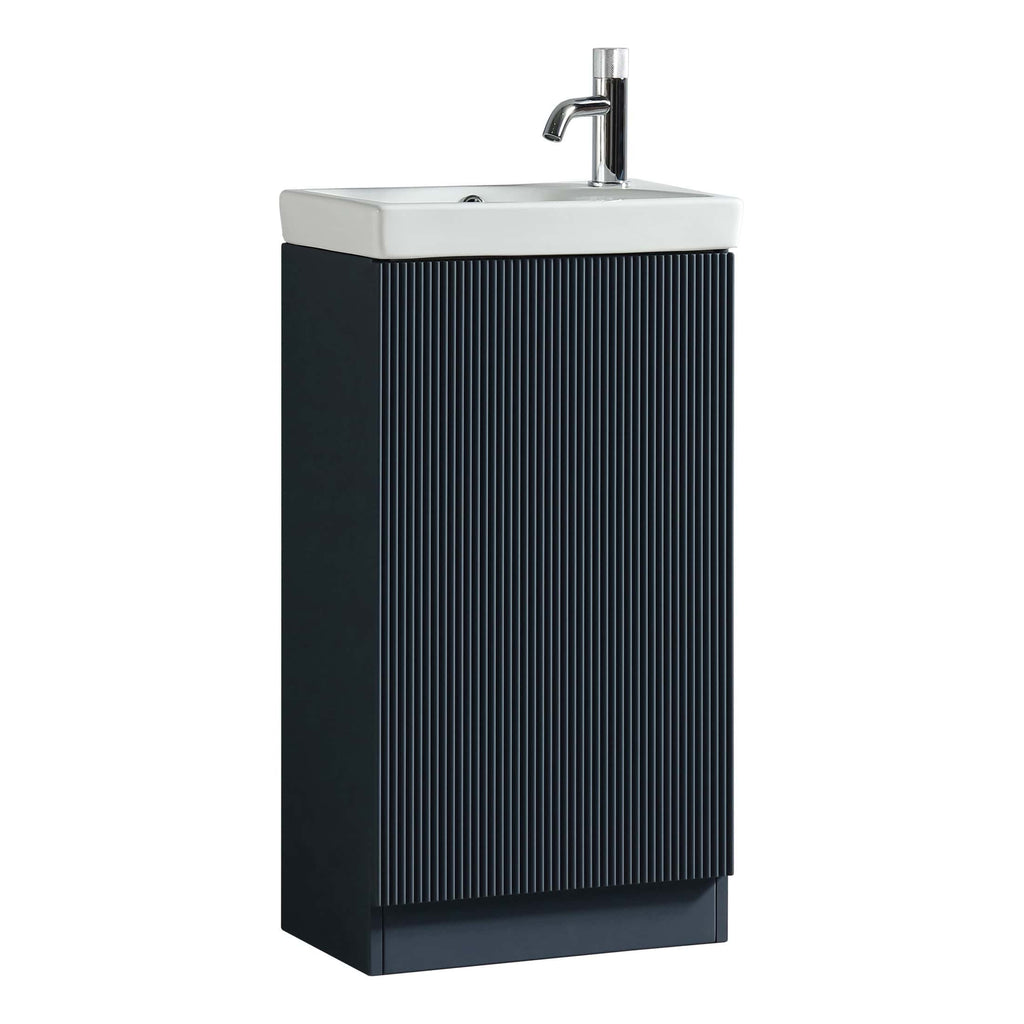 Sleek bathroom vanity with integrated sink and modern tap, black ribbed cabinet design, ideal for contemporary bathroom remodels and enhancing bathroom storage solutions.