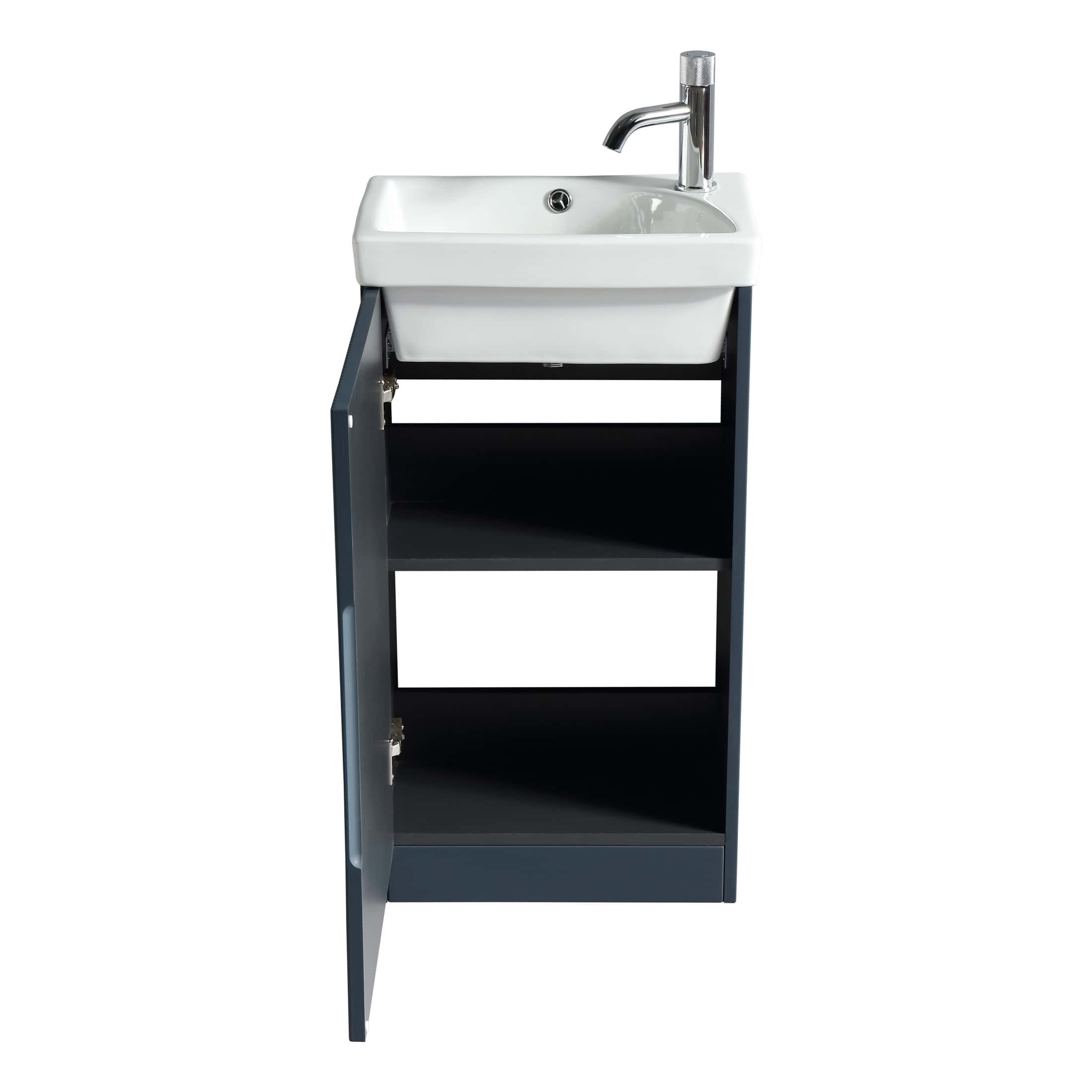 Bubly Bathrooms utility sink with cabinet, sleek black frame, and modern chrome tap, perfect for bathroom or laundry room installations, combining functionality and contemporary design.