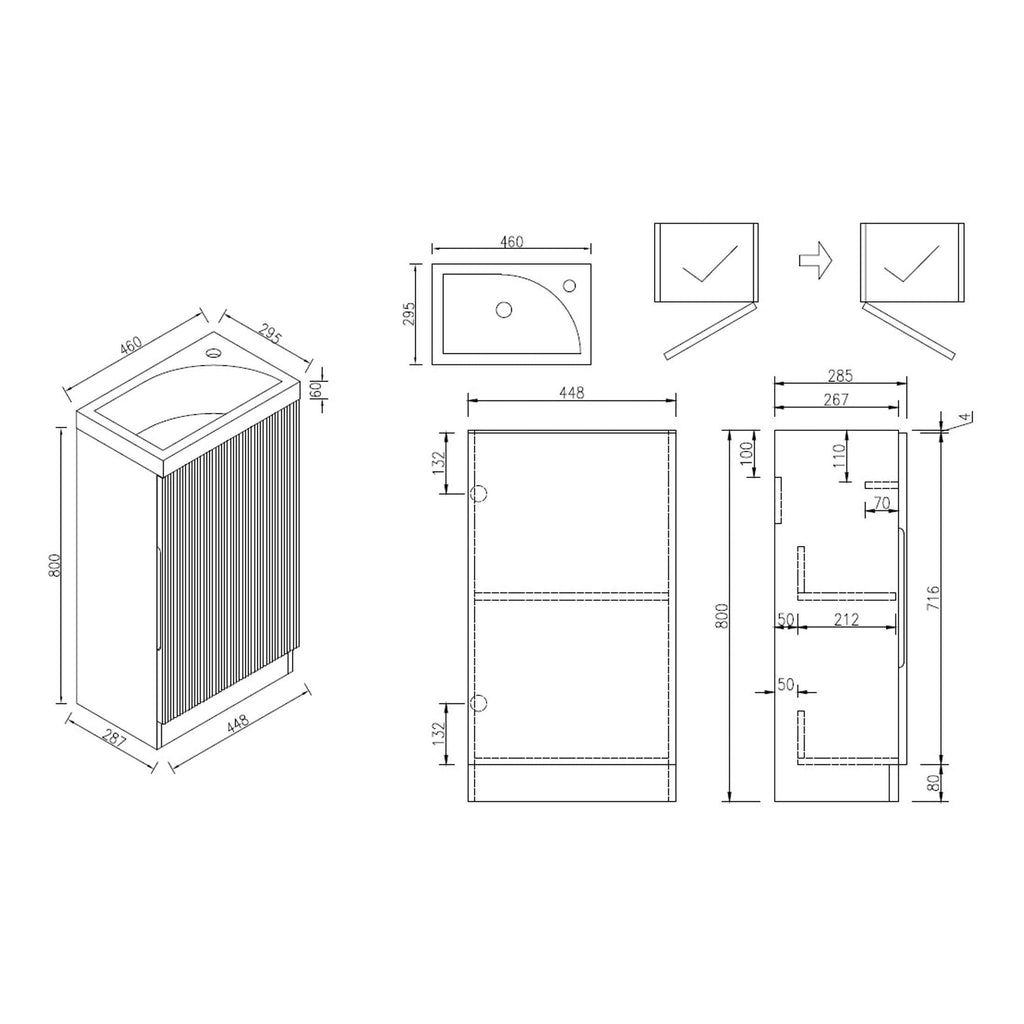 Sleek bathroom vanity unit with built-in sink, modern design, and vertical slatted wood finish, ideal for contemporary bathrooms, measurements detailed in technical drawing.