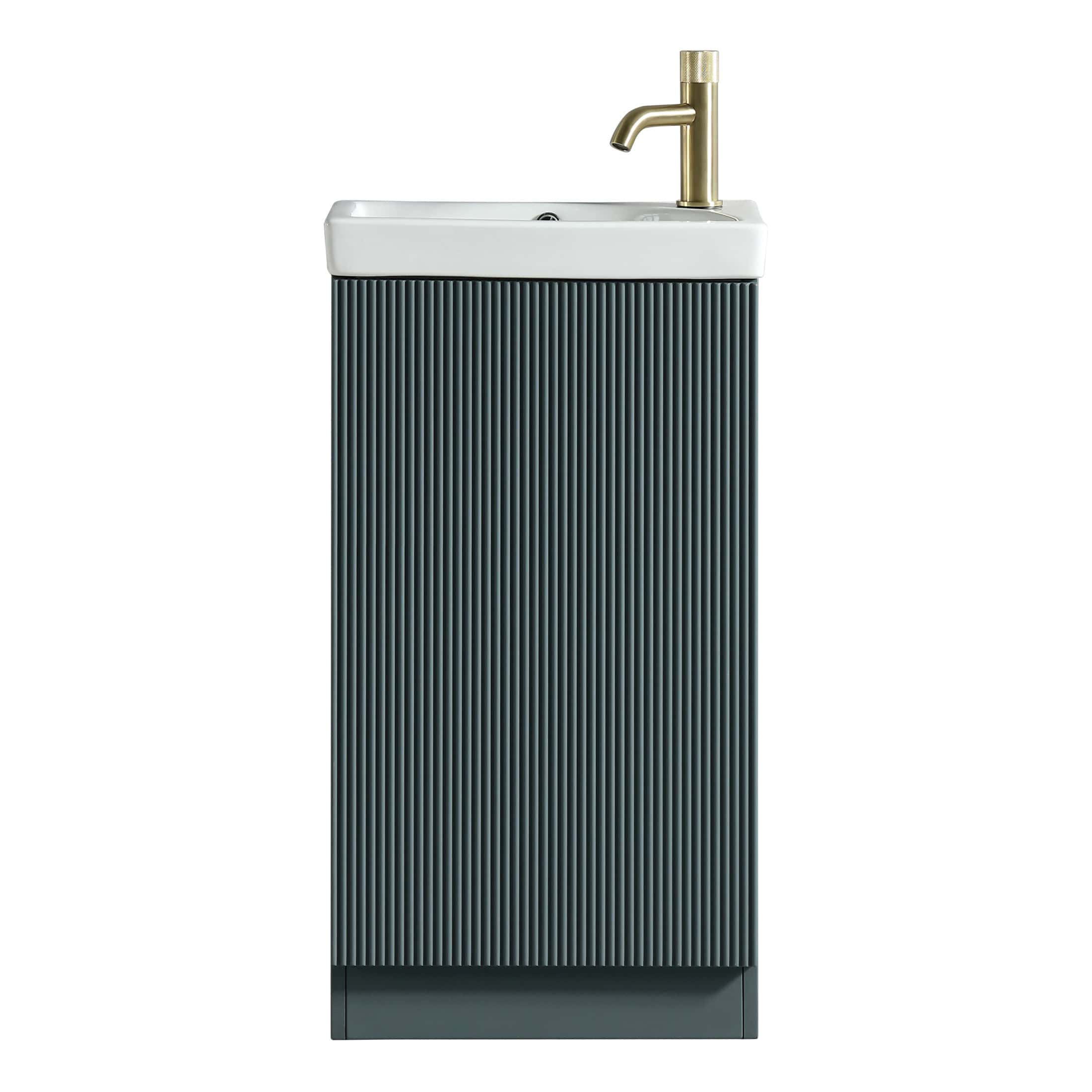 Sleek bathroom sink unit with ribbed grey cabinet and brass tap, ideal for modern bathroom designs. Durable and stylish premium bathroom furniture from Bubly Bathrooms.