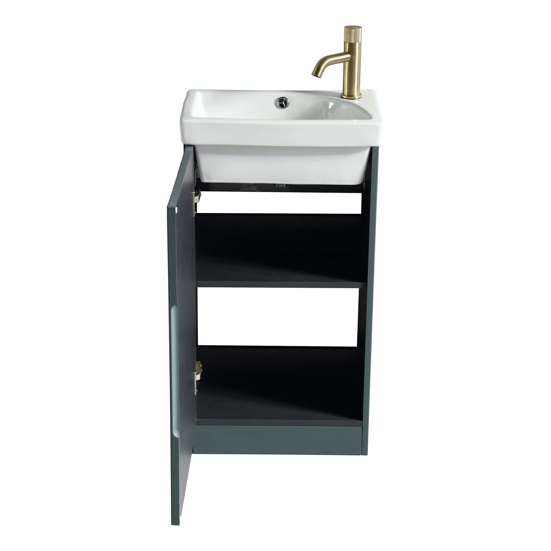 Bathroom vanity unit with ceramic sink and brass tap, black shelving cabinet for modern bathroom storage. Ideal for stylish bathroom design and organisation.