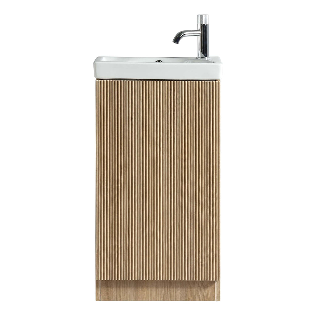 Stylish bathroom vanity unit with integrated ceramic sink and modern chrome tap, featuring a wood-textured ribbed front for contemporary bathroom decor.